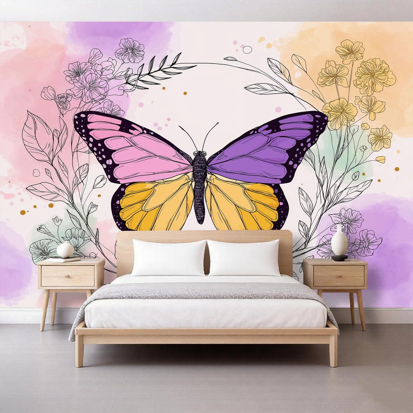 Papel pintado no tejido efecto 3D mariposa zarcillos pequeñas flores 450 x 280 cm XXL papel pintado fotográfico dormitorio estilo natural papel pintado salón pared decoración pasillo Aesthetic murales