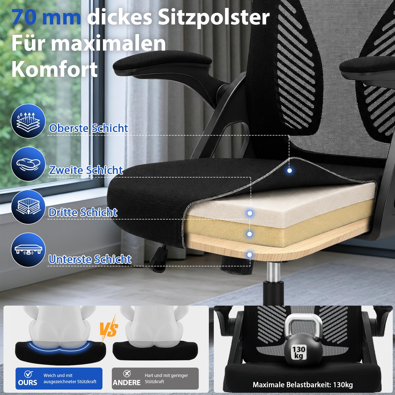Ergonomischer Bürostuhl mit Mesh Rückenlehne, klappbaren Armlehnen und Wippfunktion, Schreibtischstuhl mit atmungsaktivem Netzgewebe, Drehstuhl für Homeoffice und Büro, Schwarz