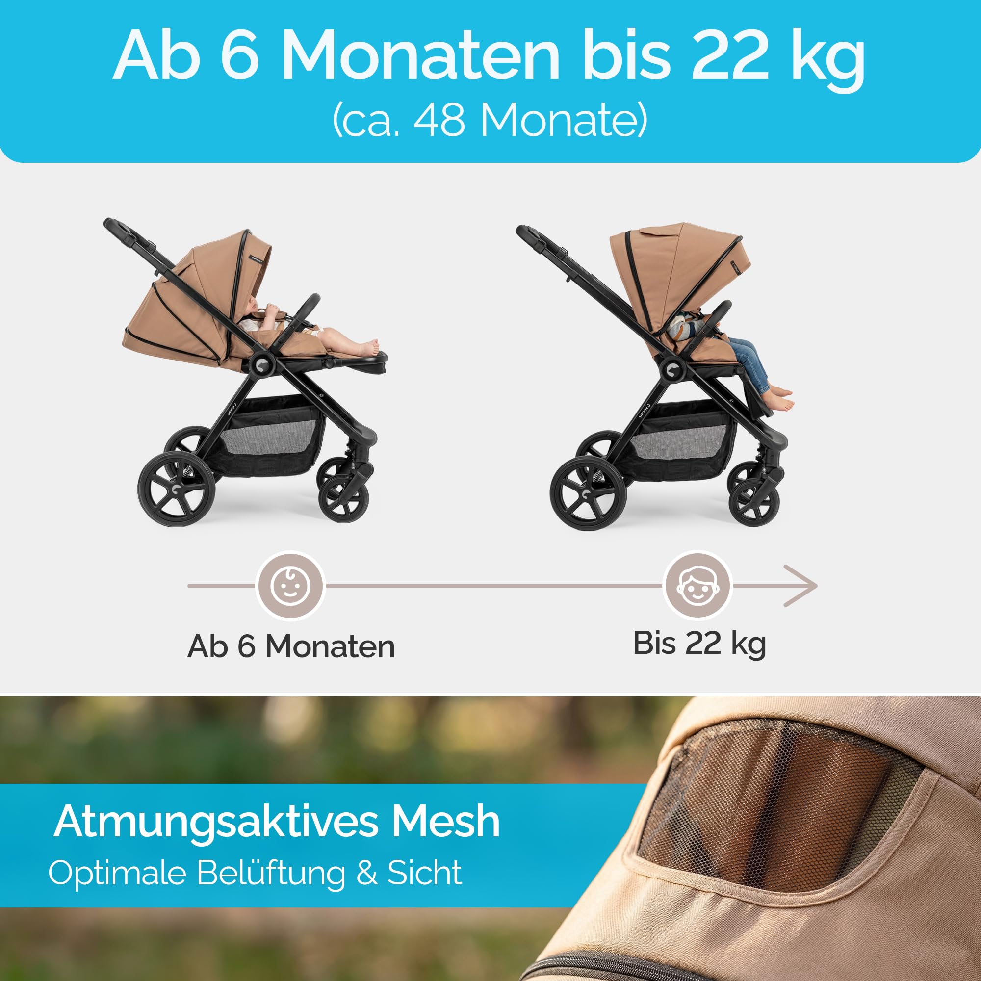 Älskar Passeggino reversibile, pieghevole, compatto, fino a 22 kg, schienale regolabile, tetto di protezione UV, cintura a 5 punti, copertura antipioggia, zanzariera, borsa grigio scuro