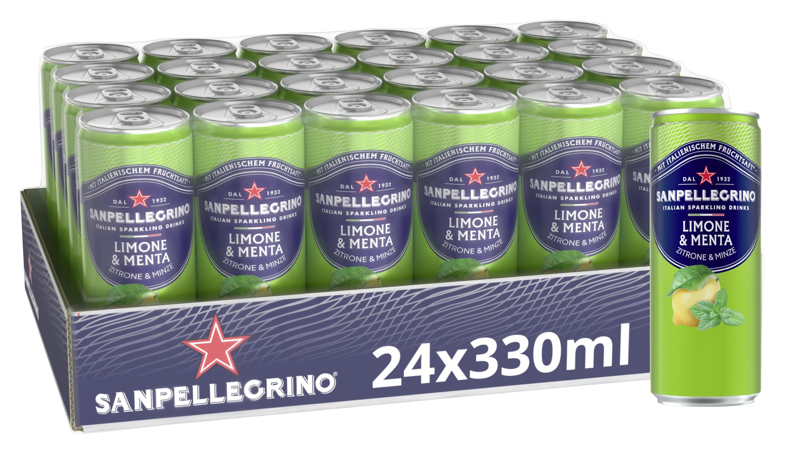 San Pellegrino Limone & Menta, Zitrone-Minze-Limonade mit 16% Zitronensaft (aus Konzentrat), 24er Pack (24 x 330ml) Einweg-Dosen