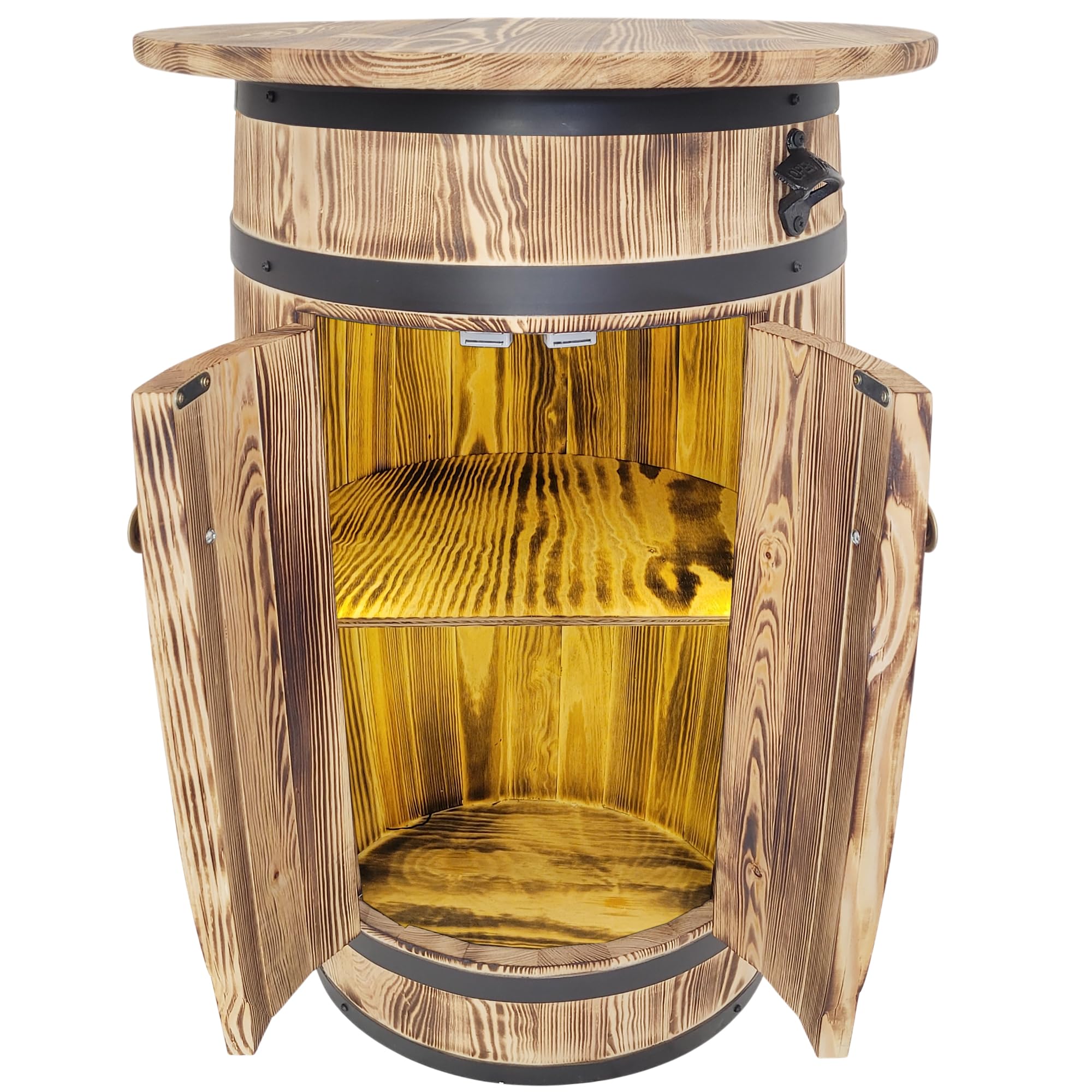 weeco Holzbarfass mit Ablage und LED-Beleuchtung für Alkohol und Gläser – rustikaler Stil, mit Türen und Flaschenöffner, handgefertigt aus Kiefernholz 80x55x40