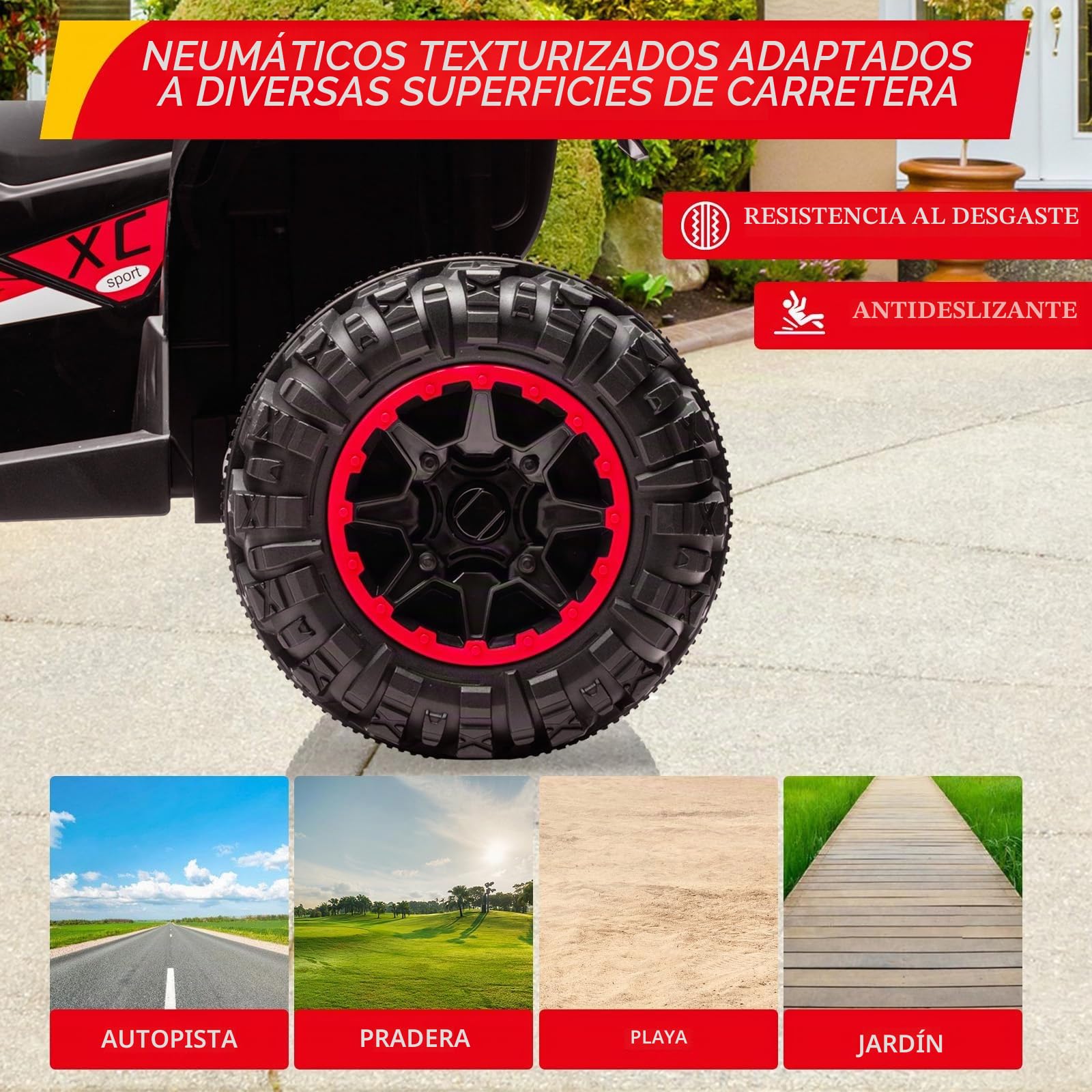 Quad Eléctrico para Niños con Control Remoto 2,4G, 12V Quad Eléctrico Infantil Dos Velocidades, Luces LED, Música, Radio y USB, 3+ Años (Rojo)