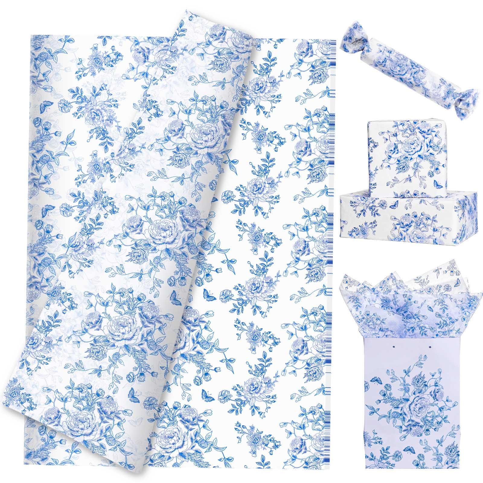 Pineraap 100 Sheets Blue Floral Tissue Paper, Chinoiserie Gift Wrapping Paper Vintage Flower Butterfly Printed Tissue Paper for Wedding Baby Shower