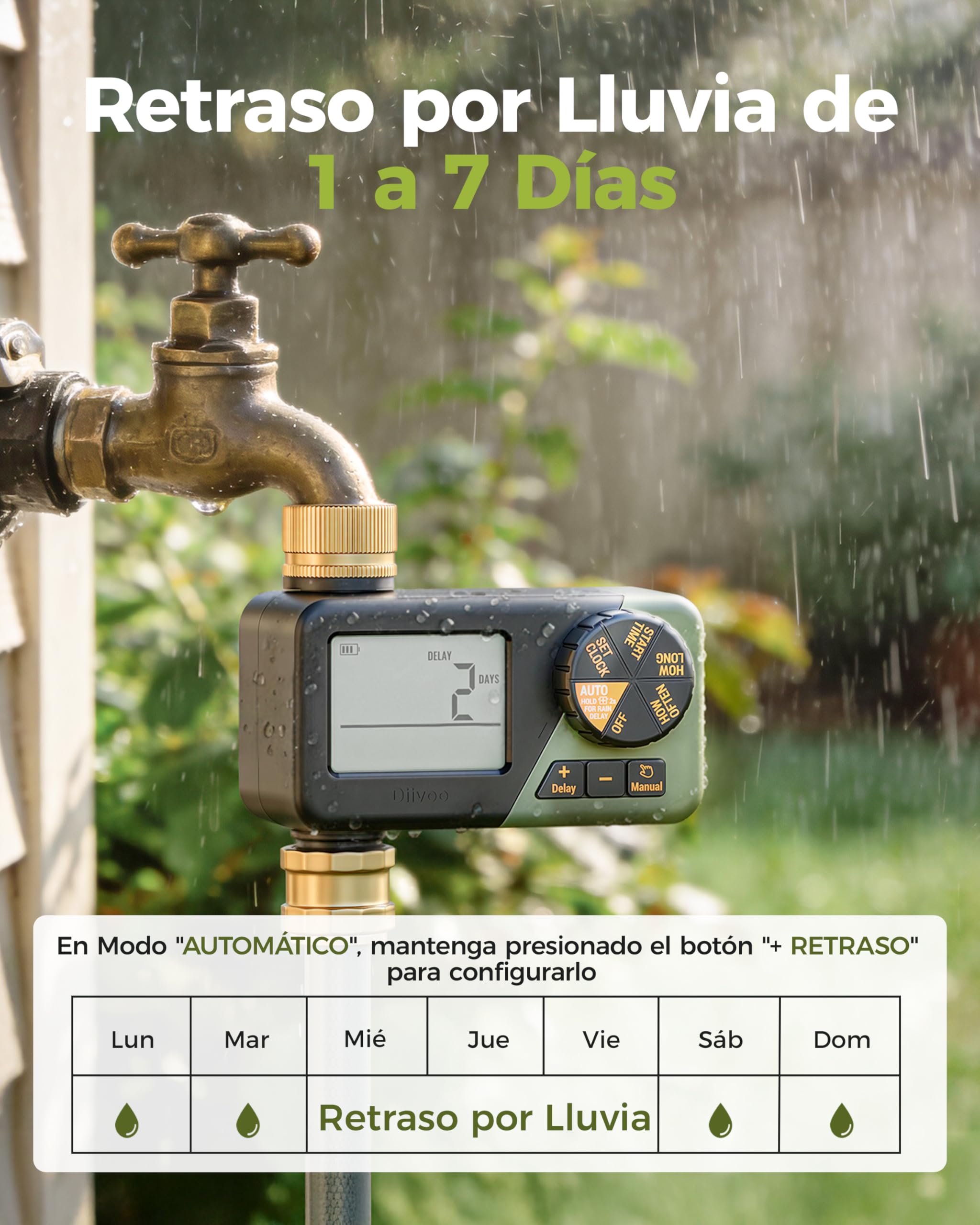 Diivoo Programador Riego con Entrada y Salida de Latón, Temporizador Riego Automatico con Impermeable IP66, Retraso por Lluvia, Riego Manual, Programador de Riego a Pilas para Jardín, Césped