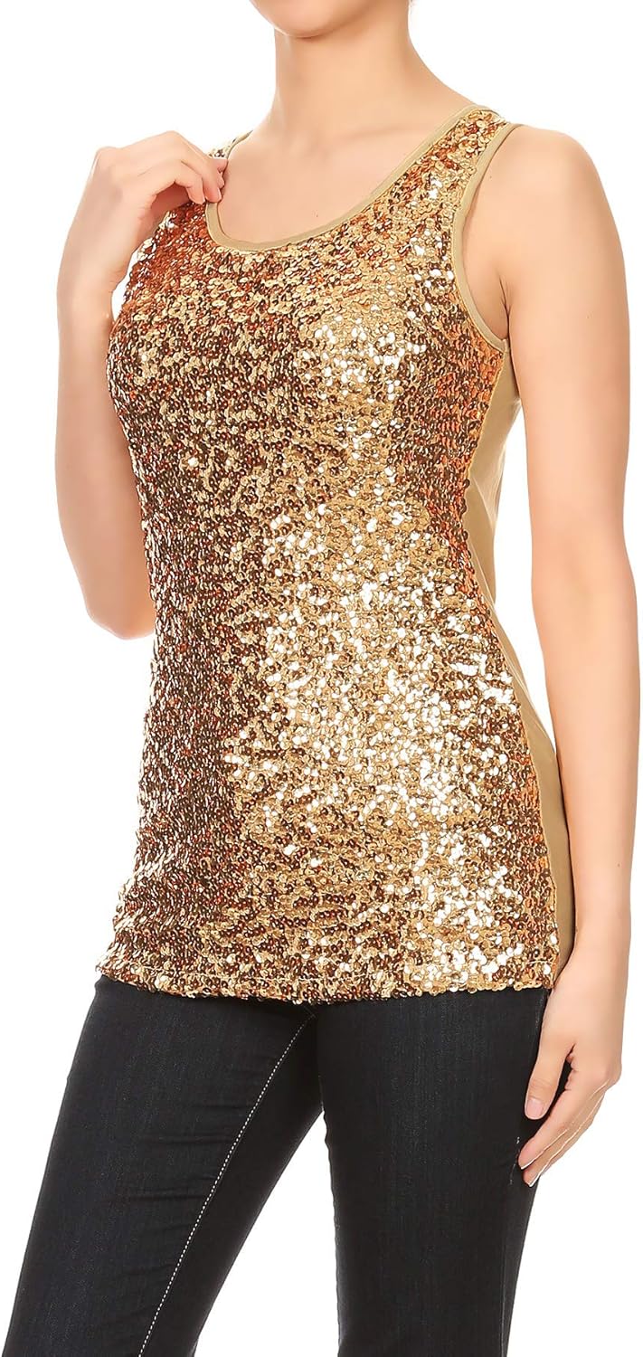 Anna-Kaci Womens Sparkle & Shine Glitter Sequin Sleeveless Round Neck Tank Top