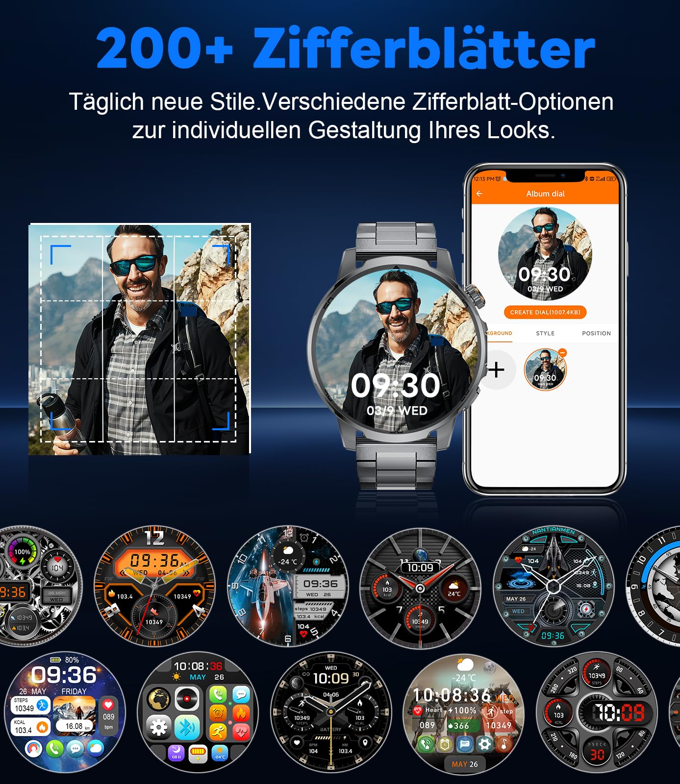 Smartwatch Herren mit 1000 mAh, 1,85" HD Großes Touchscreen Militär Uhr Smartwatch mit LED Licht, Telefonfunktion, Herzfrequenz, Schlafmonitor, IP68, 110+Sportmodi Fitnessuhr für iOS/Android
