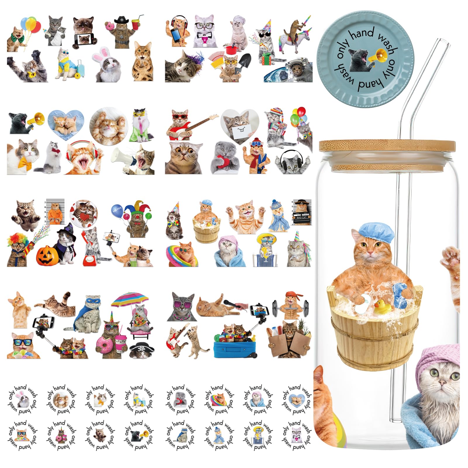 Obookey Cat UV DTF Cup Wrap - 10 Sheets Funny Animal Cat UV DTF Cup Wraps for 16 oz Glass Cups, Fun Kitty UV DTF Transfer Stickers, Cute Uvdtf Cup