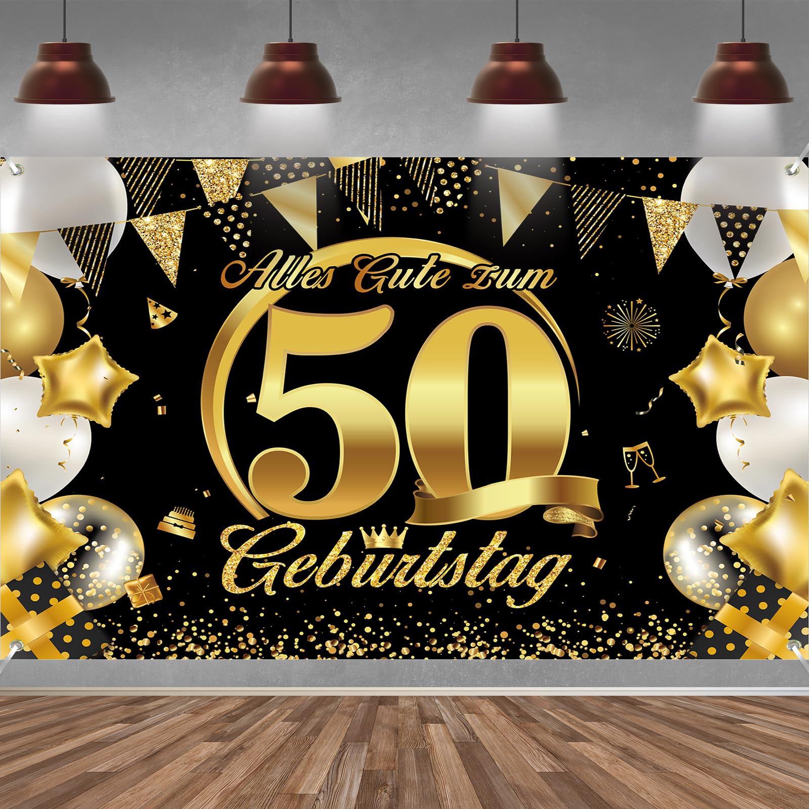 50. Geburtstag Banner Frauen Männer Deko Schwarz Gold 50 Geburtstag Hintergrund Banner, Extra Große Stoff Schild Poster für 50. Geburtstagsparty Deko, 210x150 cm