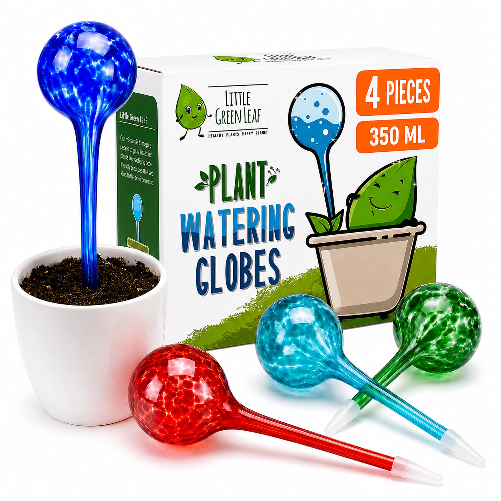 LGL Lot de 4 globes d'arrosage automatique pour plantes - Inserts décoratifs à auto-arrosage en verre durable soufflé à la main - Pointes d'arrosage automatique pour soutenir la santé des plantes