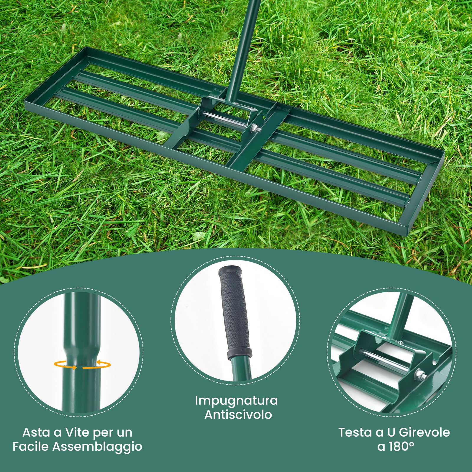 RELAX4LIFE Rastrello da Giardino 75/91/106CM, Rastrello Livellatore per Prato, Attrezzo da Giardino in Metallo per Livellare il Terreno e la Sabbia del Prato (91 x 25 cm)