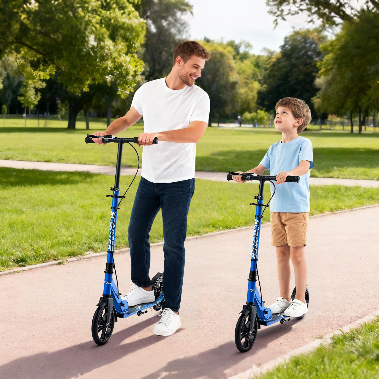 VEVOR Patinete a Niños a Partir de 8 Años, 2 Ruedas, con Manillar Regulable en Altura y Base Antideslizante, Freno Mano, Marco de Aleación Aluminio, hasta 100 kg, Negro Azul, 900 x 380 x 1000 mm