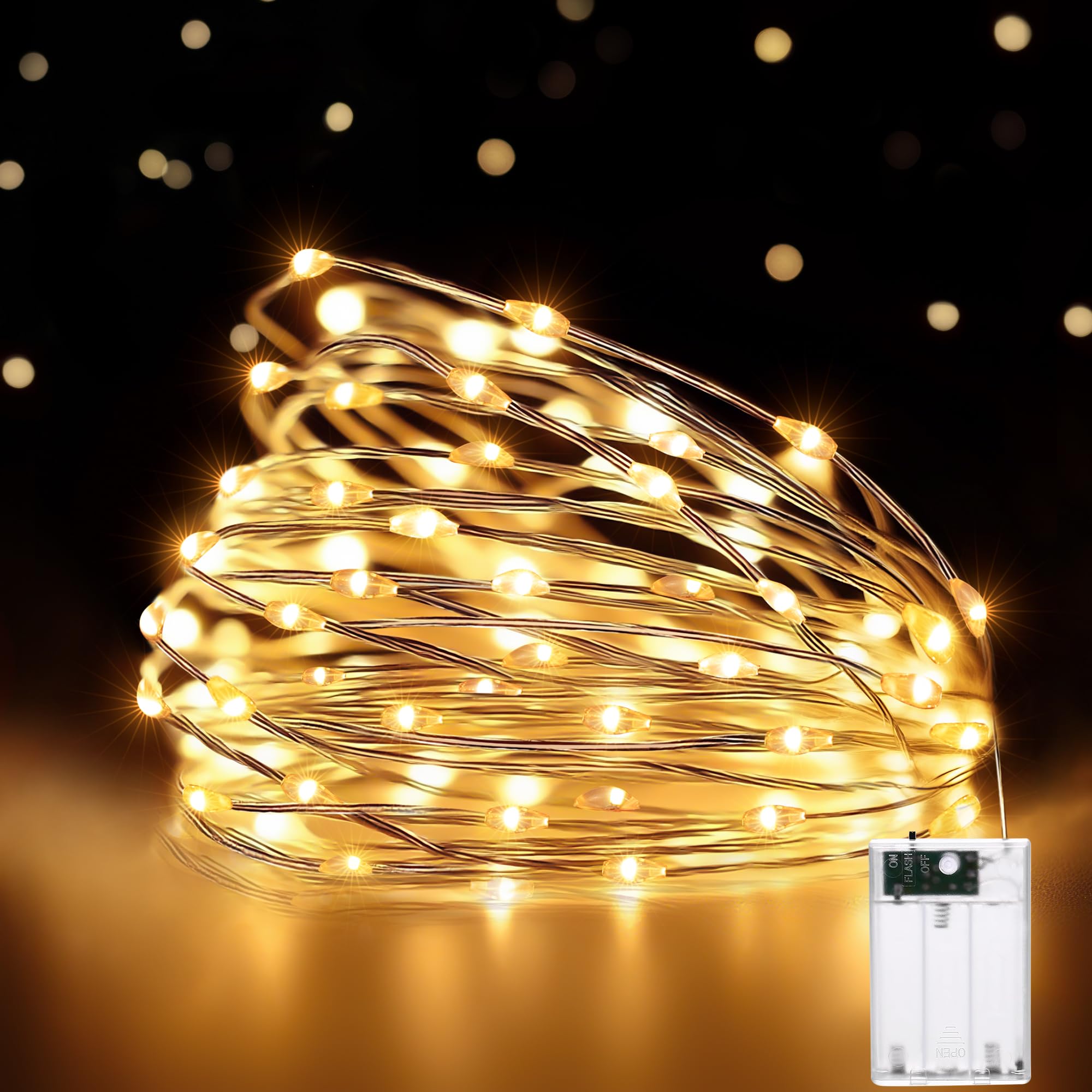 HeiPard Fairy Lights Battery Operated, 5m 50 LEDs String Light Waterproof Copper Wire Christmas Light for Indoor Outdoor Lighting, Bedroom, Wedding, Party, Christmas Tree Decoration (Warm White)