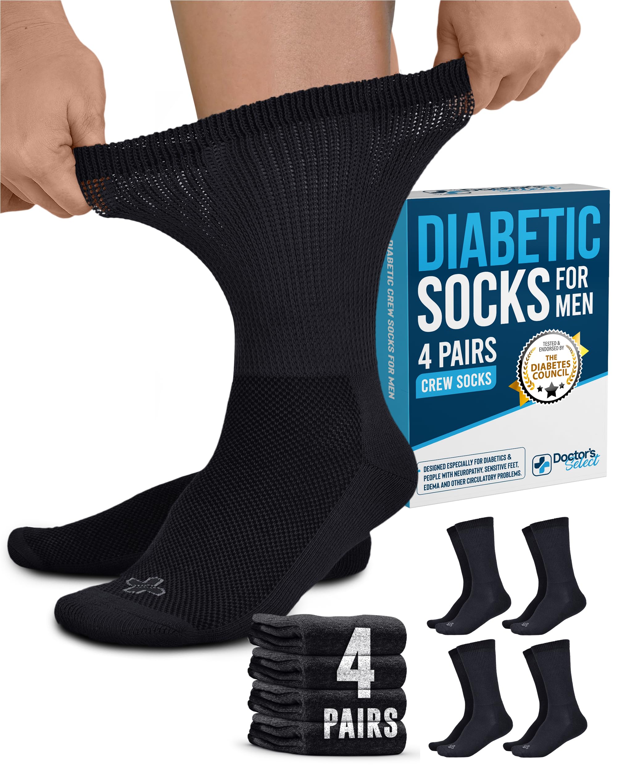 Doctor's Select Mens Diabetic Socks - 4Pairs Diabetic Neuropathy Socks for Men | Diabetes Socks | Diabetic Socks for Men 9-12
