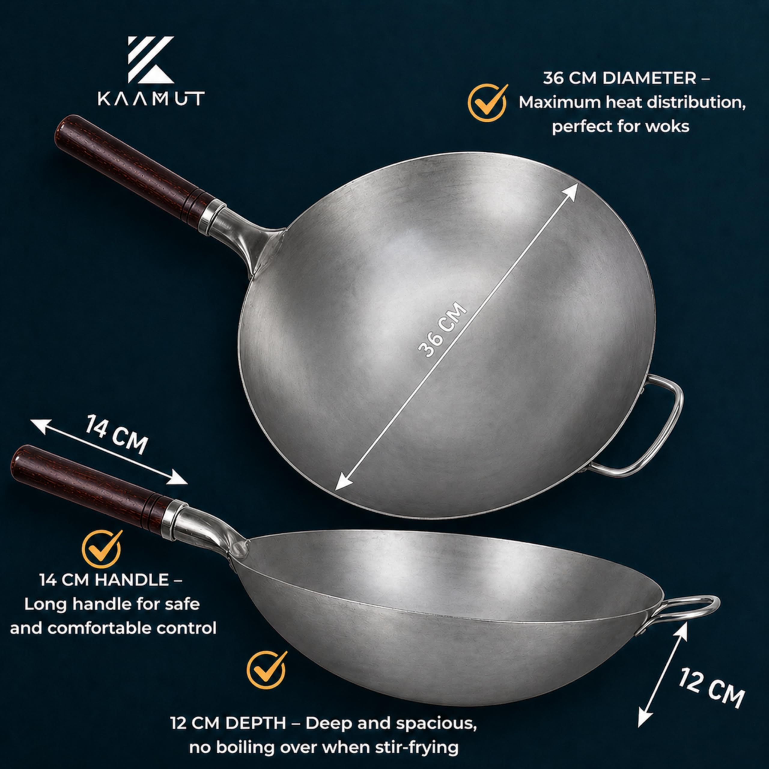 Professioneller Wok 36 cm – Handgehämmerter Blauer Kohlenstoffstahl – Runder Boden – Vorgewürzt – Gastronomiequalität – Holz- & Stahlgriff – Inklusive Bambus-Wokbürste
