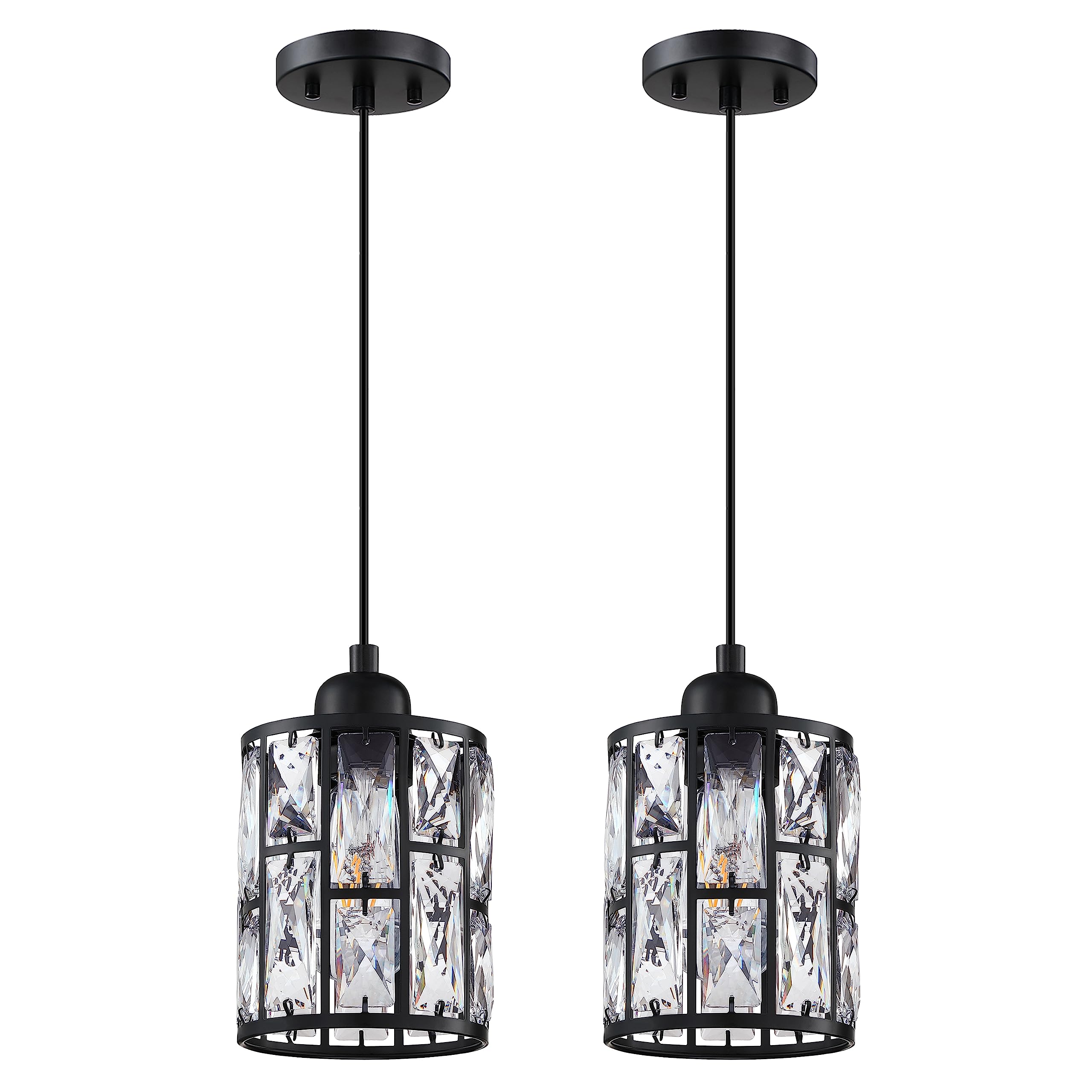 2 Pack 1 Light 5.3" Crystal Hanging Kitchen Island Pendant Light Black Finish,Concise Pendant Fixture Crystal Plate Metal Shade for Bar,Dining Room,