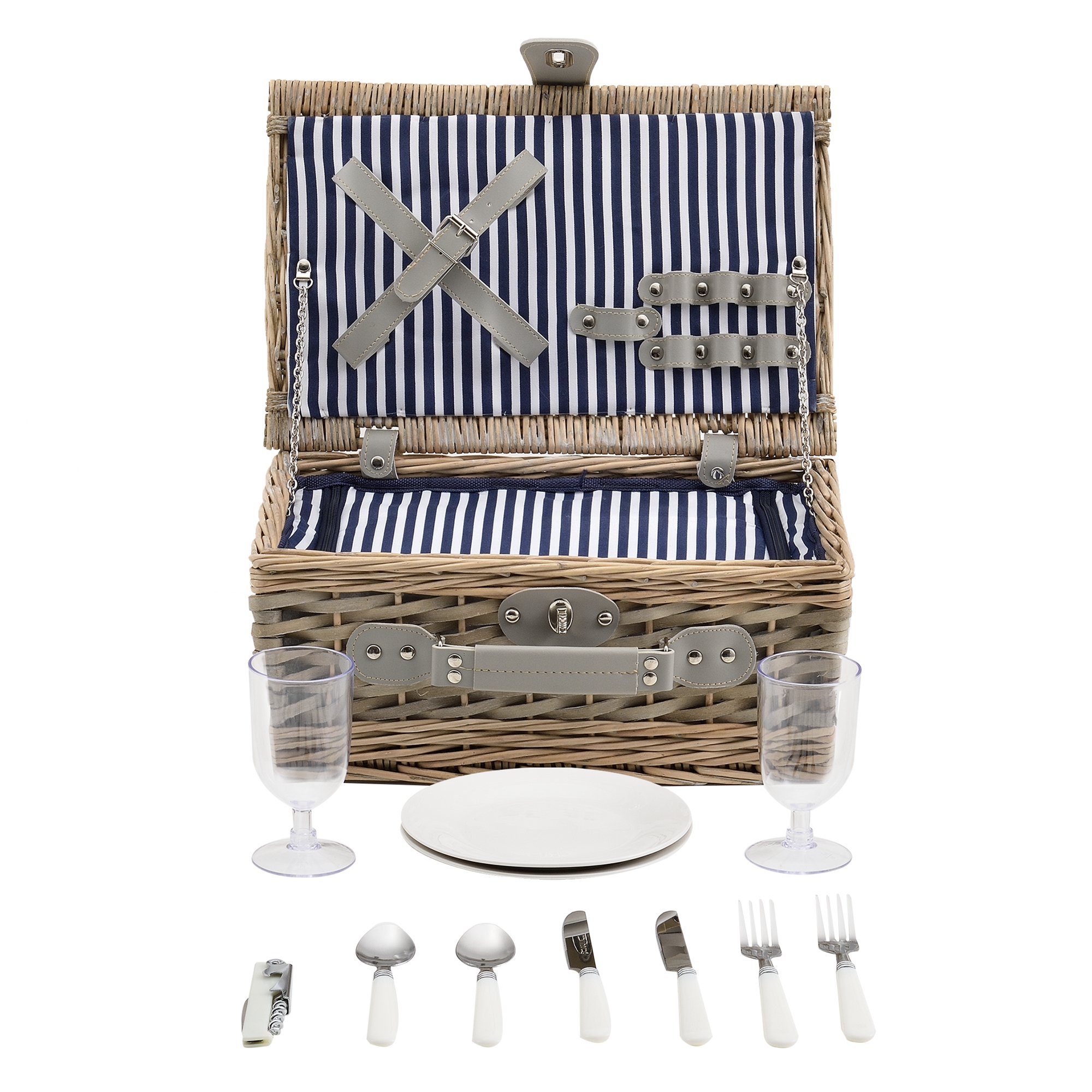 casa.pro Picknickkorb für 2 Personen Picknick-Set mit Kühltasche inkl. Geschirr Besteck Korkenzieher und Gläser Blau-Weiß