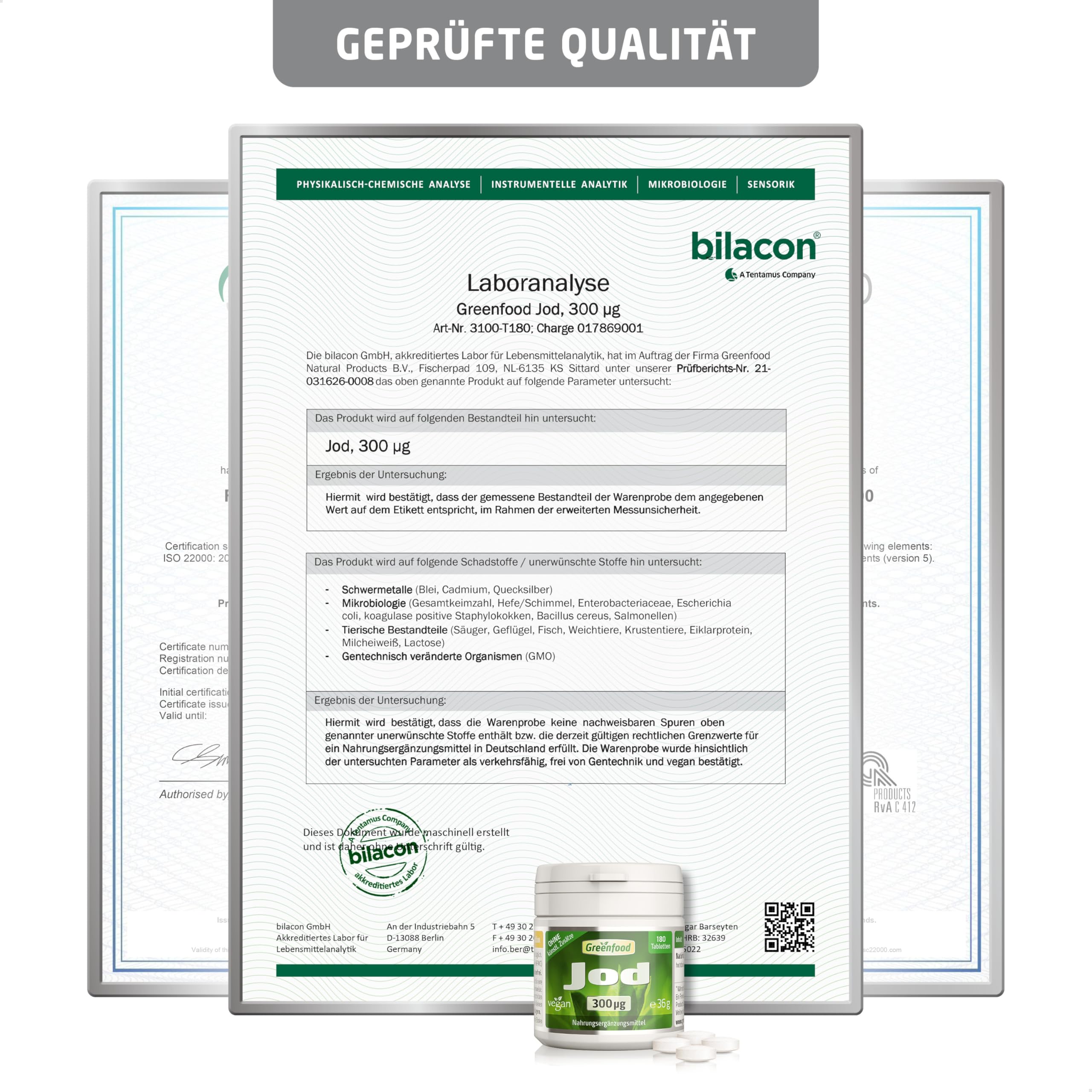 Jod Tabletten, extra hochdosiert, 300µg - 180 Tabletten, vegan. Gegen Jod-Mangel - für Schilddrüse, Hormonhaushalt & Nervensystem. OHNE künstliche Zusätze - laborgeprüft. Von Greenfood.
