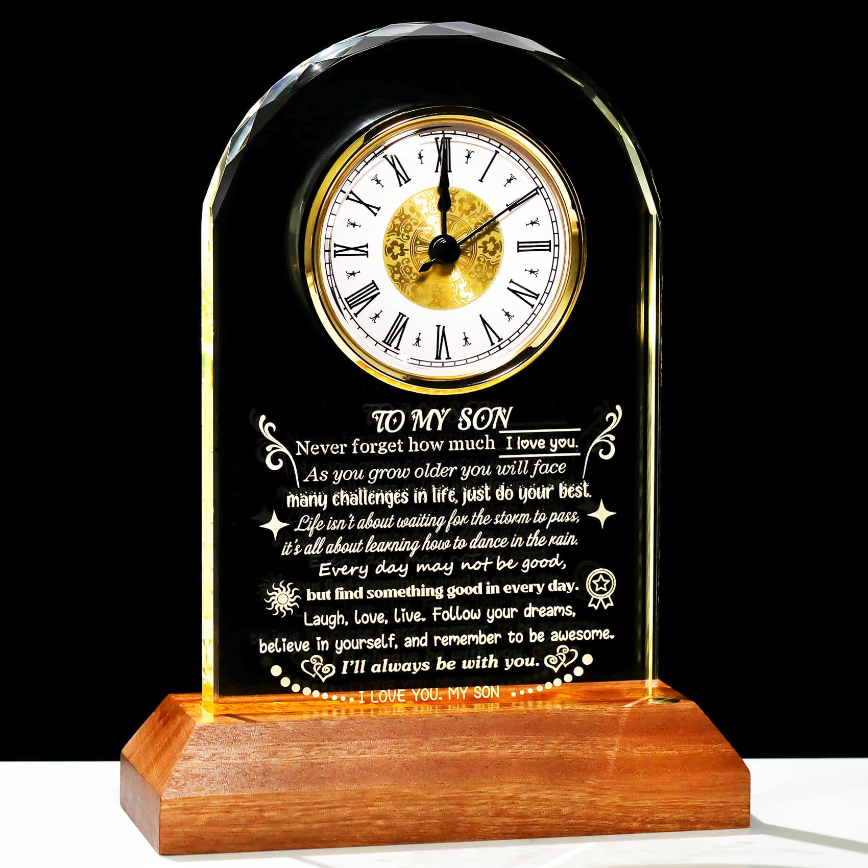 Arikyrist Gifts for Son from Mom Dad Crystal Clock with Wooden Light Base