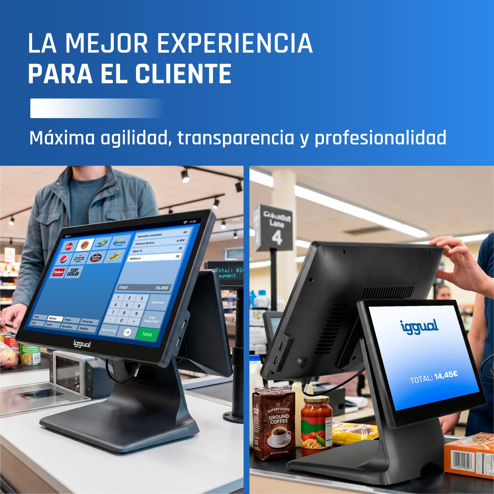 iggual TPV Dual Táctil 15,6”/11,6"- Sistema Caja Registradora Completo con Doble Pantalla - Windows 11 Pro -WiFi 5-Ethernet, Bluetooth 5.1- Procesador Intel® N100 3,4 GHz Apto Verifactu.