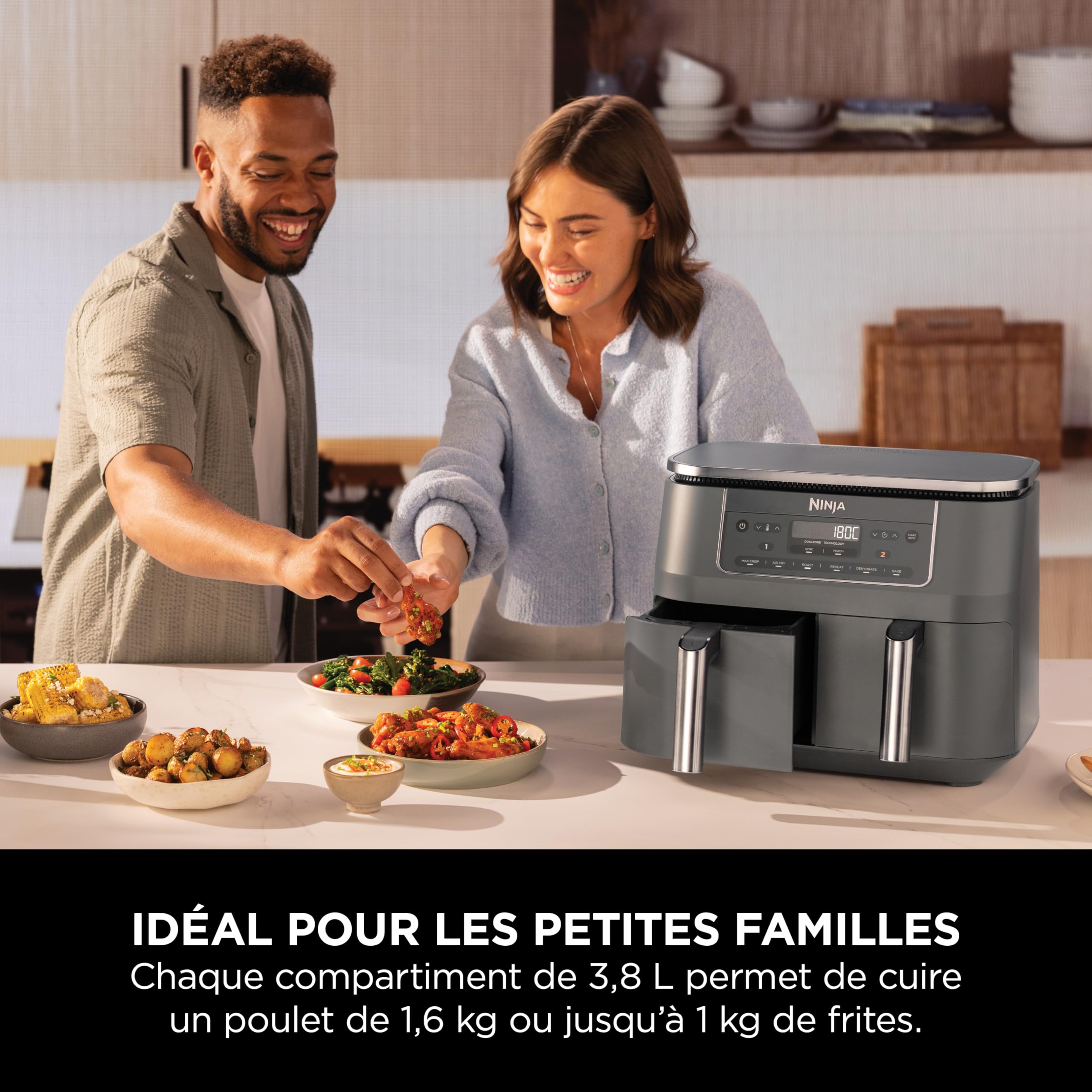 Ninja Air Fryer Dual Zone numérique, Friteuse à air électrique, 2 compartiments, 7,6 L, 6-en-1, Friteuse sans huile, Croustillant max, Rôtir, Cuire au four, Déshydrater, Réchauffer, Gris métal DZ300EU