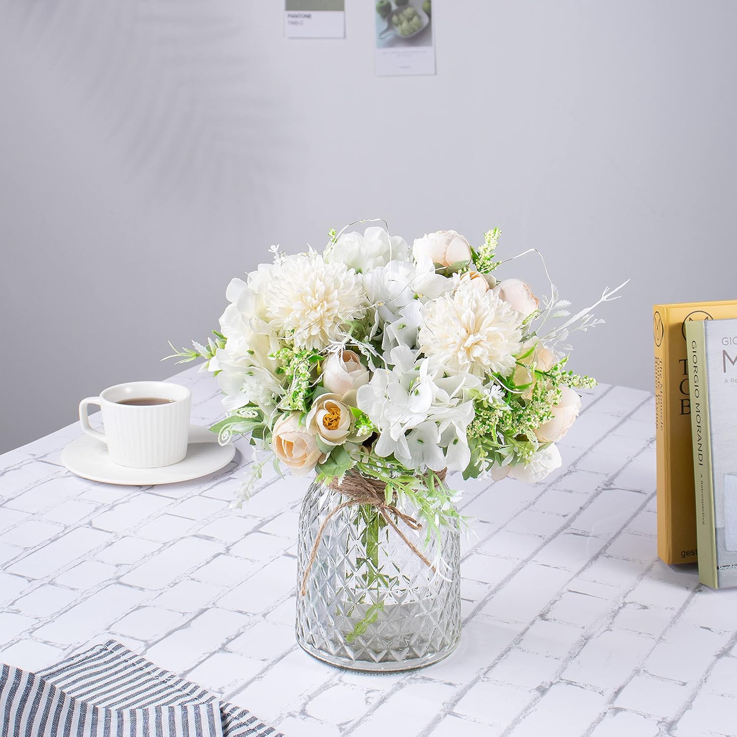 Artificial LED White Rose Flowers with Glass Vase, Remote Control Led Light, Flower Arrangement for Table Centerpiece, Home Office Wedding Decoration - Image 4