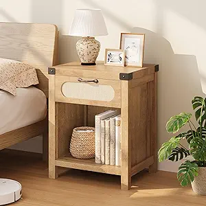 GarveeHome Rattan Night Stands, Farmhouse Bedside Table, Night Stand with Drawer and Open Shelf, Boho End Table for Living Room,Bedroom, Natural
