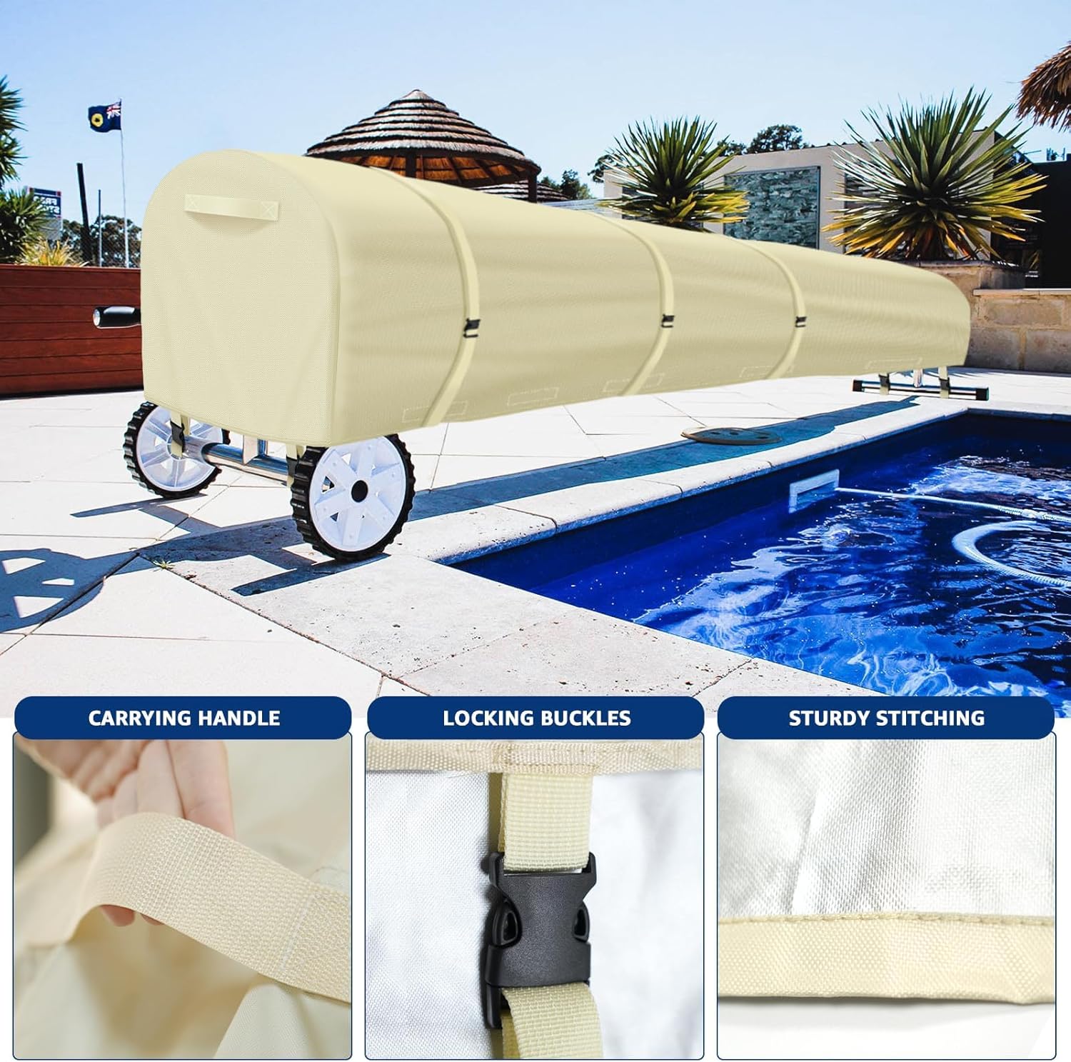Swimming Pool Solar Reel Cover, 22Ft Heavy Duty Waterproof Pool Solar Blanket Reel Cover, UV Resistant Solar Blanket Cover Reel Roller Cover Swimming Pool Solar Reel Cover for Inground Pool, Beige