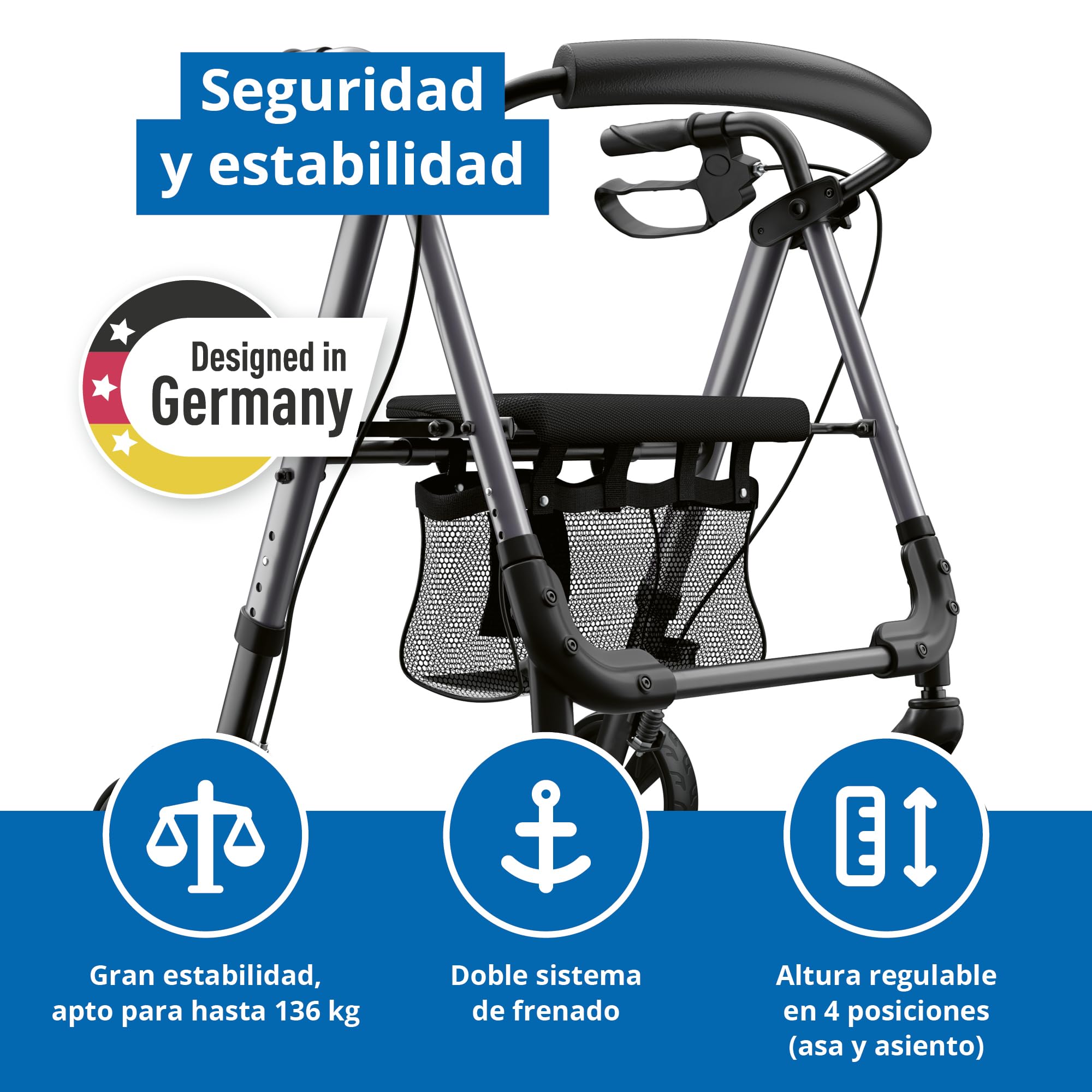 Weinberger Andador de aluminio Basic, plegable, con asiento, peso ligero, 6,2 kg, dispositivo médico clase 1, altura regulable, andador, andador, andador, andador de viaje, 46501