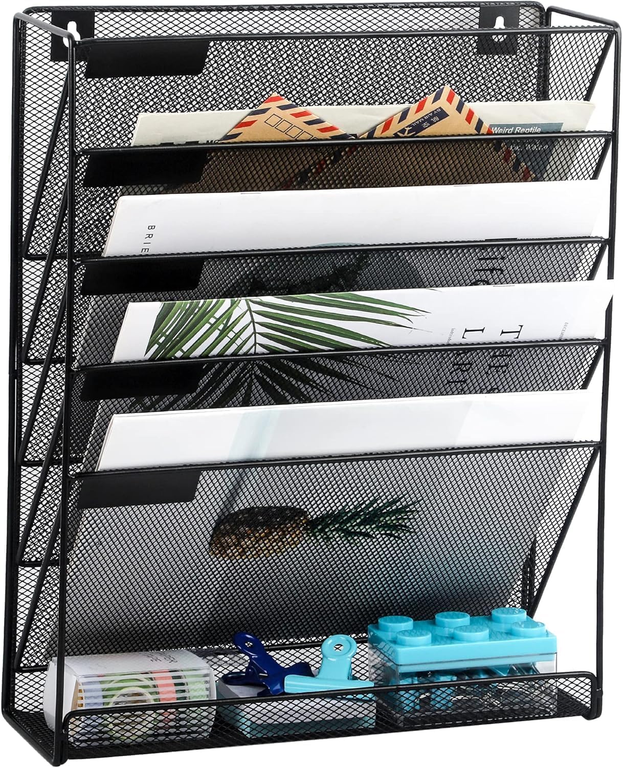 OGFC 265021 Desk File Organizer Mesh 5-Tier, Hanging Wall Mount Document Organization Stand, Desktop Vertical Mail Paper Folder Holder Rack Bottom Tray Office Home Cubicle Countertop, Black-image-34