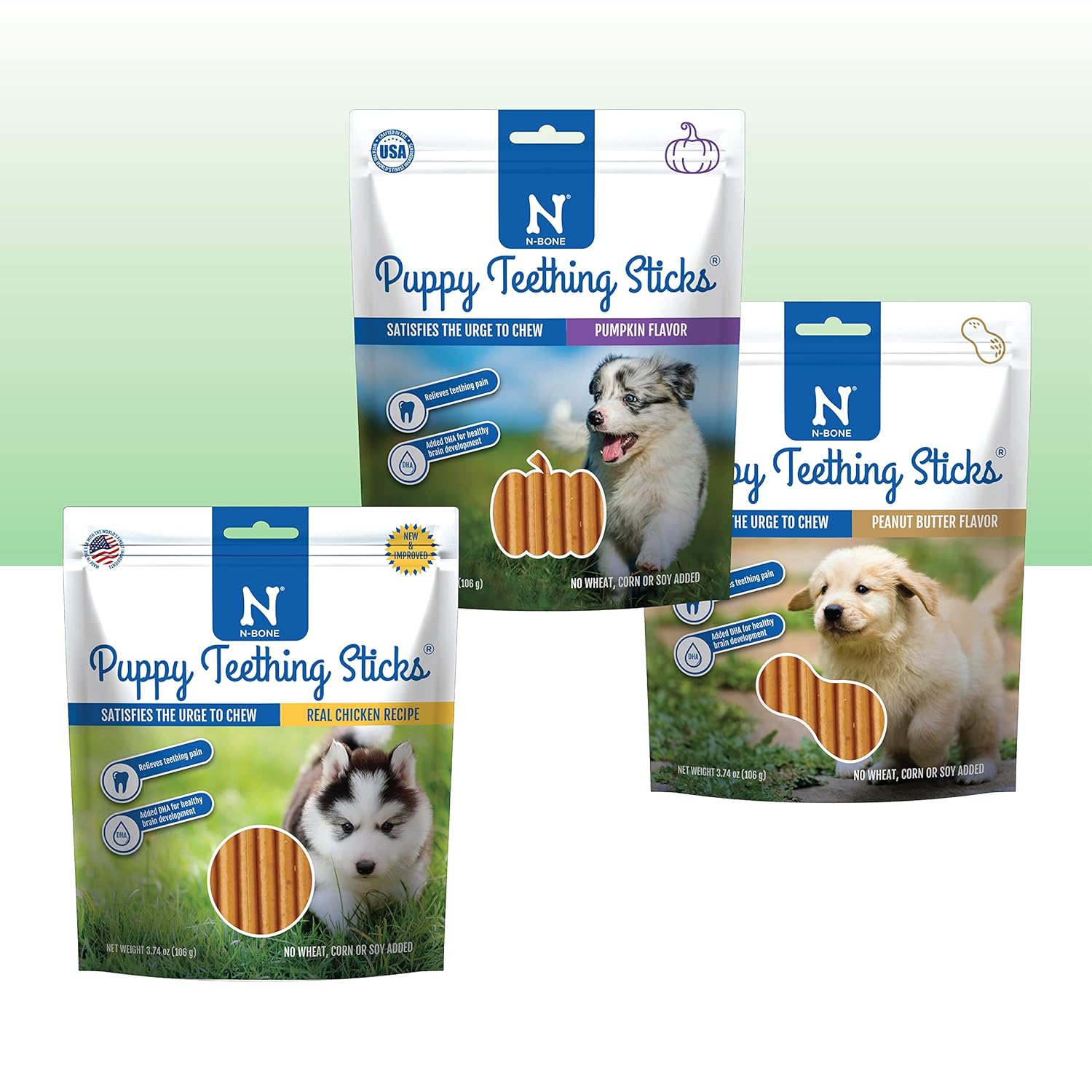 N-Bone Puppy Teething Sticks Variety Pack Chicken Pumpkin Peanut Butter Flavor Total 3 Bags 11 22-oz