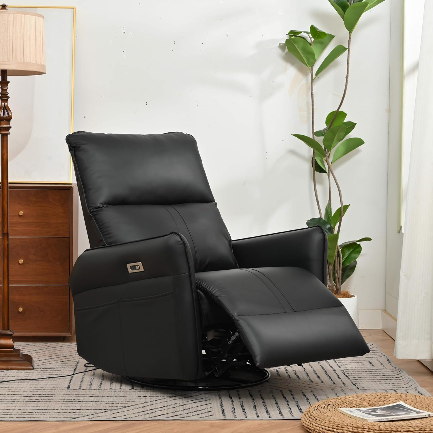 Recliner Chair with 270° Power Swivel & USB Ports,Electric Rocking Chair Nursery Glider in PU Faux Leather for Living Room, Bedroom (Black)