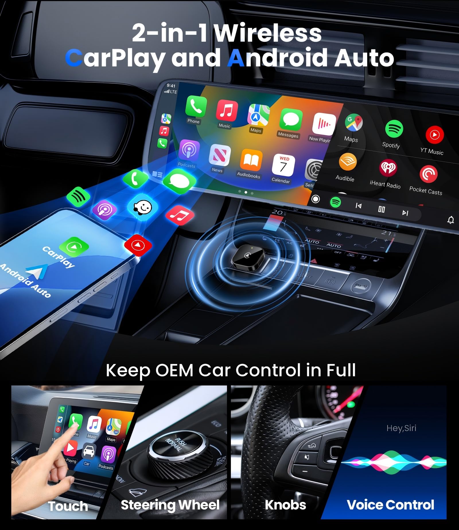 Teeran 2-in-1 Wireless CarPlay & Android Auto Adapter,Convert Wired to Wireless CarPlay Adapter,No Delay and Stable Control Mini Size with Extension Cable USB-C&Type-C,Supports 1000+ Car's（Black） — Amazon image 3
