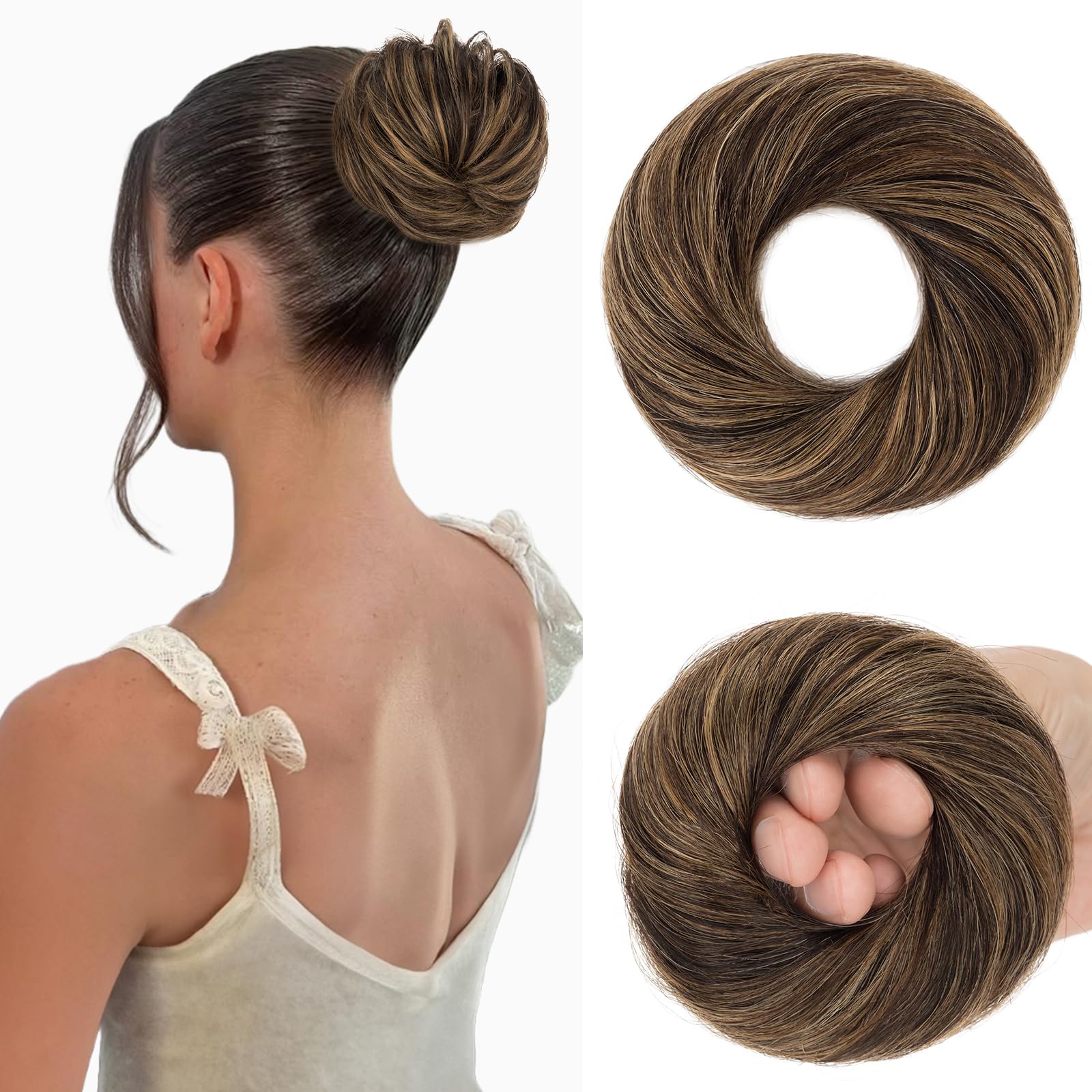 Benehair Real Hair Scrunchies for Women Straight Human Hair Bun #1B/6 Natural Black Mix Light Brown Elastic Donut Chignons Ponytail Extension Easy to Wear for Busy Daily 17g