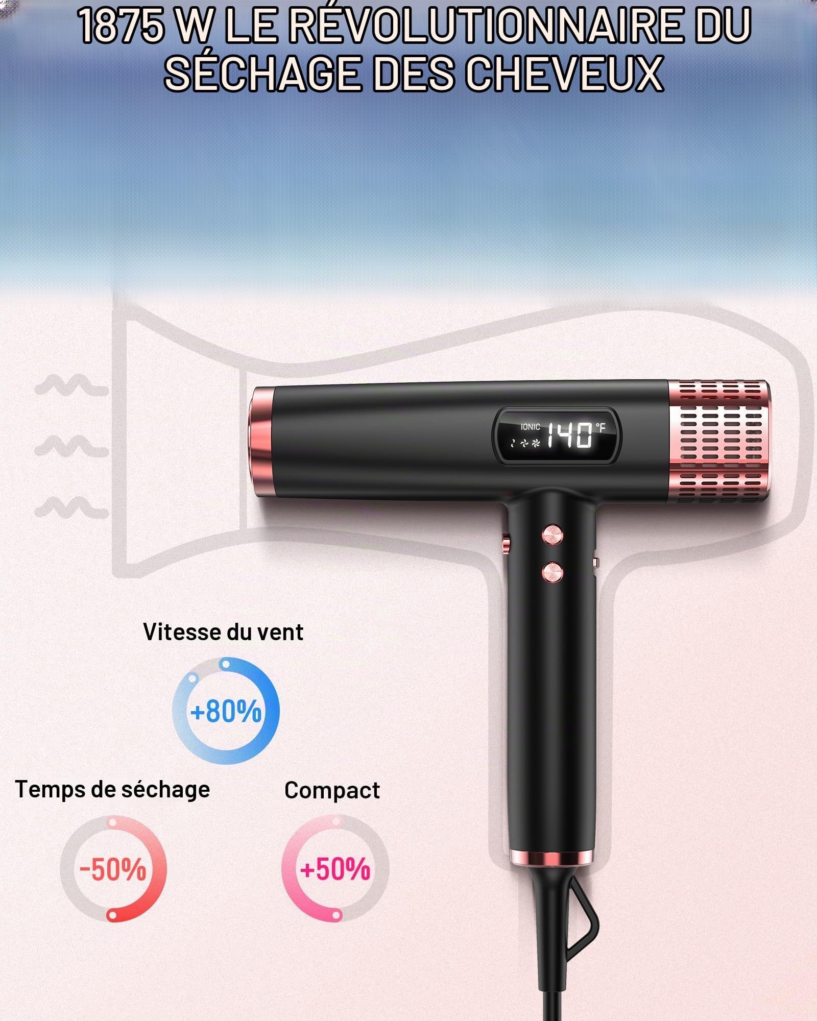 MESCOMB Sèche-Cheveux Voyage Ionique 1875W, Double Tension 110V/220V, Diffuseur et Concentrateur Inclus, Séchage Rapide, Aucun Dommage Thermique pour Tous Types de Cheveux, Famille Voyage