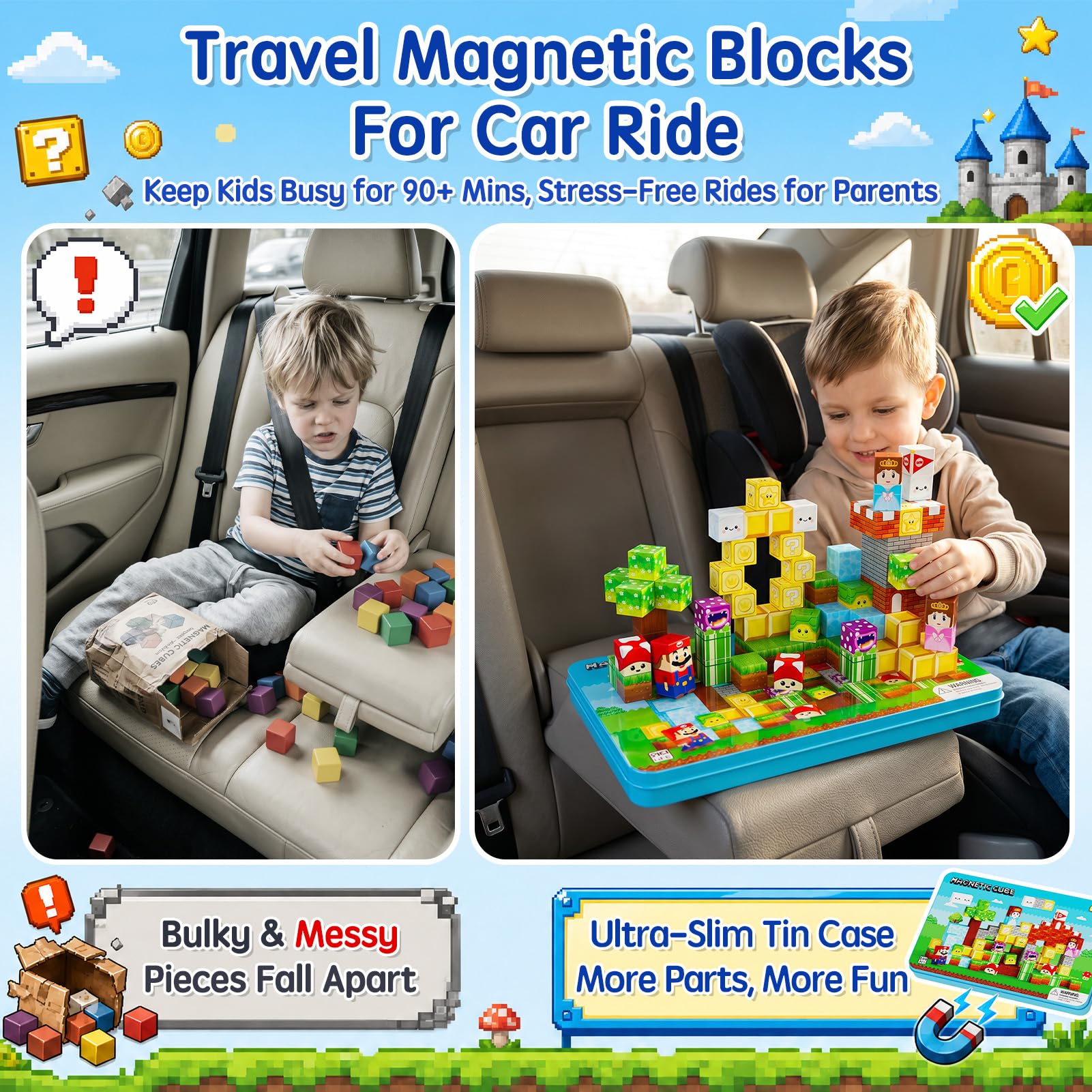 Blocs magnétiques de Voyage pour Enfants : 100 Cubes magnétiques Avec boîte en métal, 90 Minutes de Concentration pour la Voiture ou l'avion, pour garçons et Filles de 3 à 8 ANS