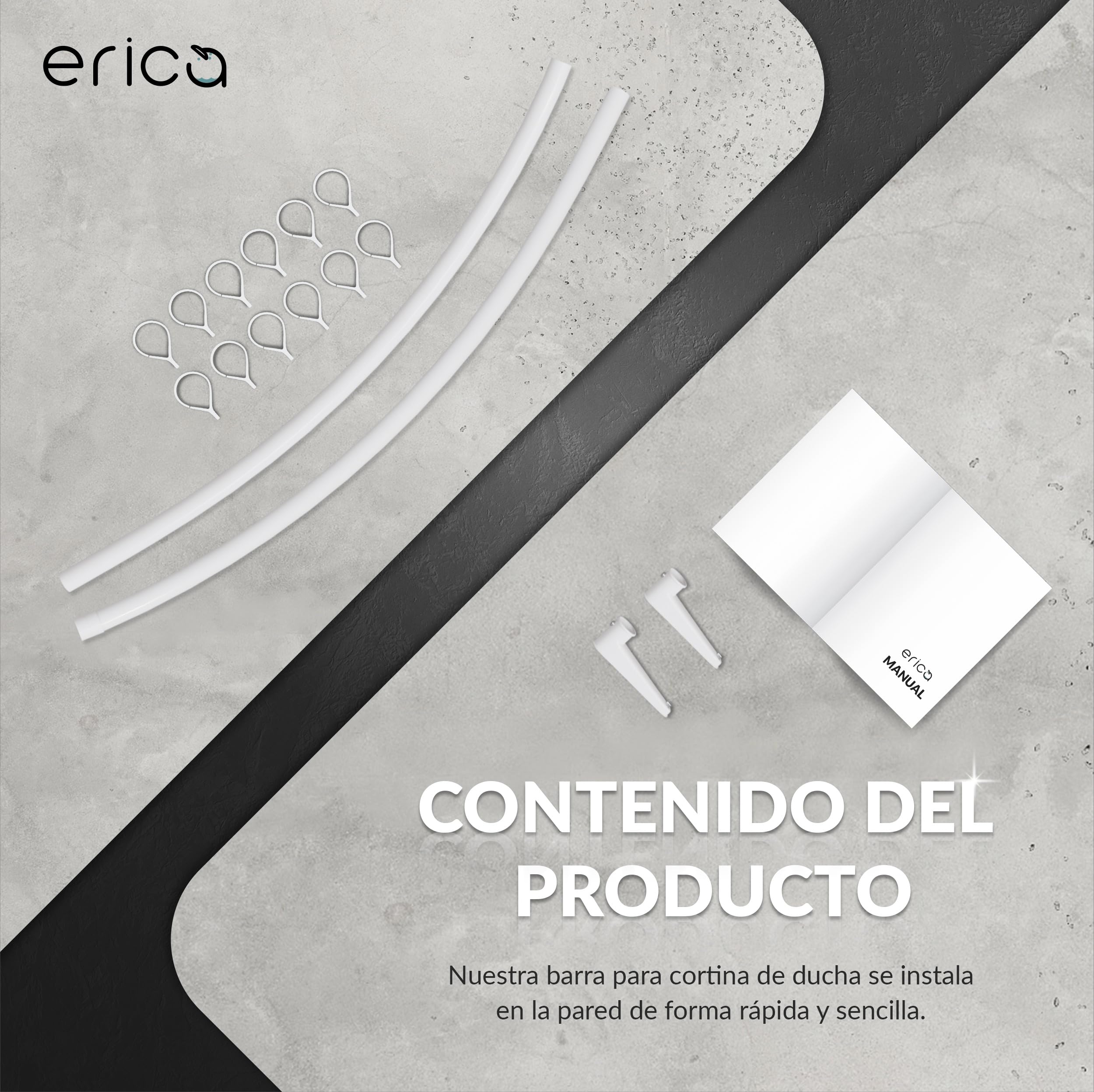 Erica Barra de Cortina de Ducha en Esquina 140x140 cm - Antióxido - Negro | 140x140cm Montaje en Pared, sin Necesidad de Fijación al Techo, Barra de Ducha Curva, Acero con Recubrimiento en Polvo Negro