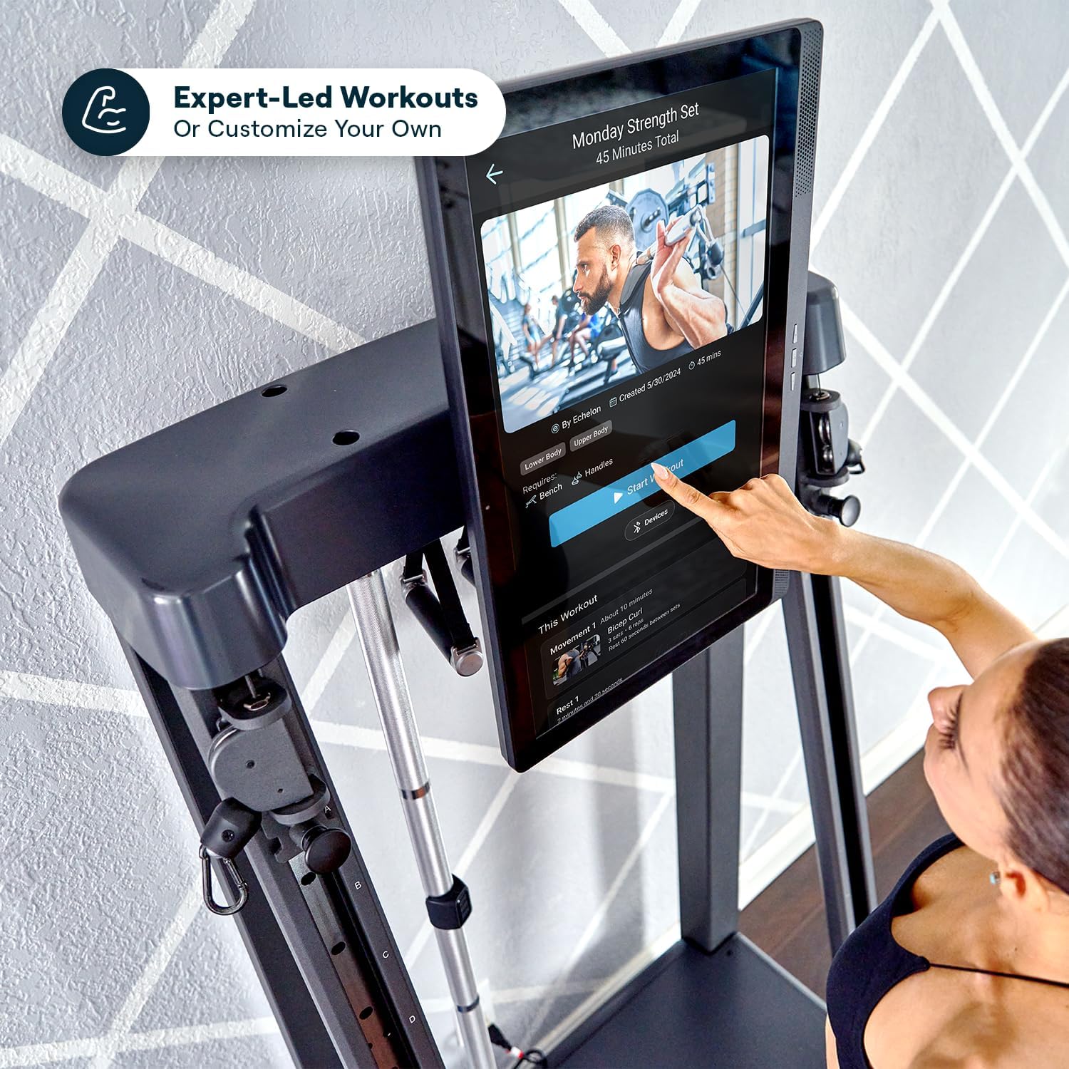 Echelon Strength Home Smart Gym – WiFi-Enabled 24-Inch HD Touchscreen, 5–110 LB Digital Resistance Per Arm, Foldable Mirror Design, Smart Bar & Accessories, Full-Body Home Workout Machine