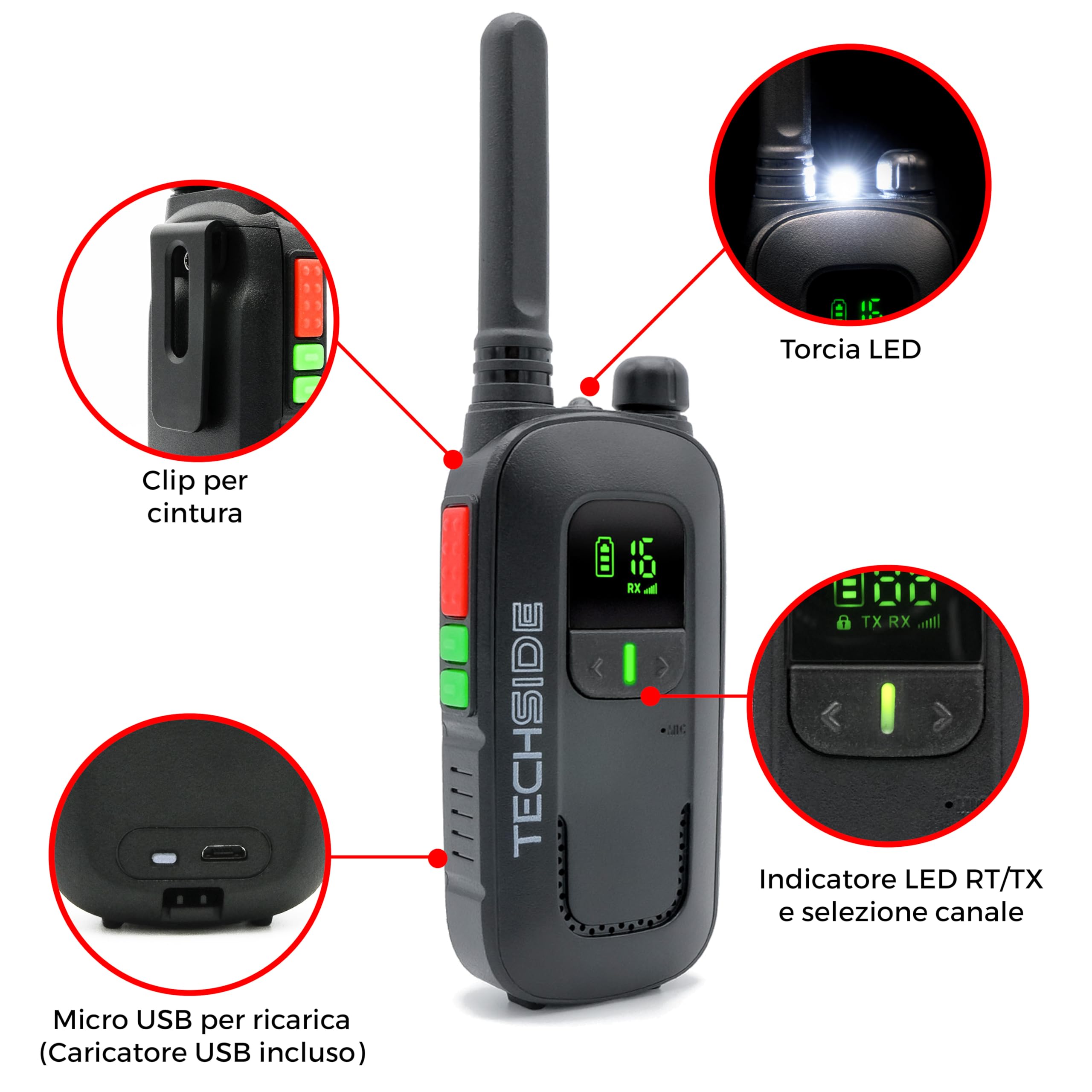 Techside TS-T2 Ricetrasmittente Professionale Walkie Talkie 16 Canali PMR446 (Libero uso) | Vox a 5 livelli | Scansione Automatica Canali | Auricolare e Caricatore USB full optional