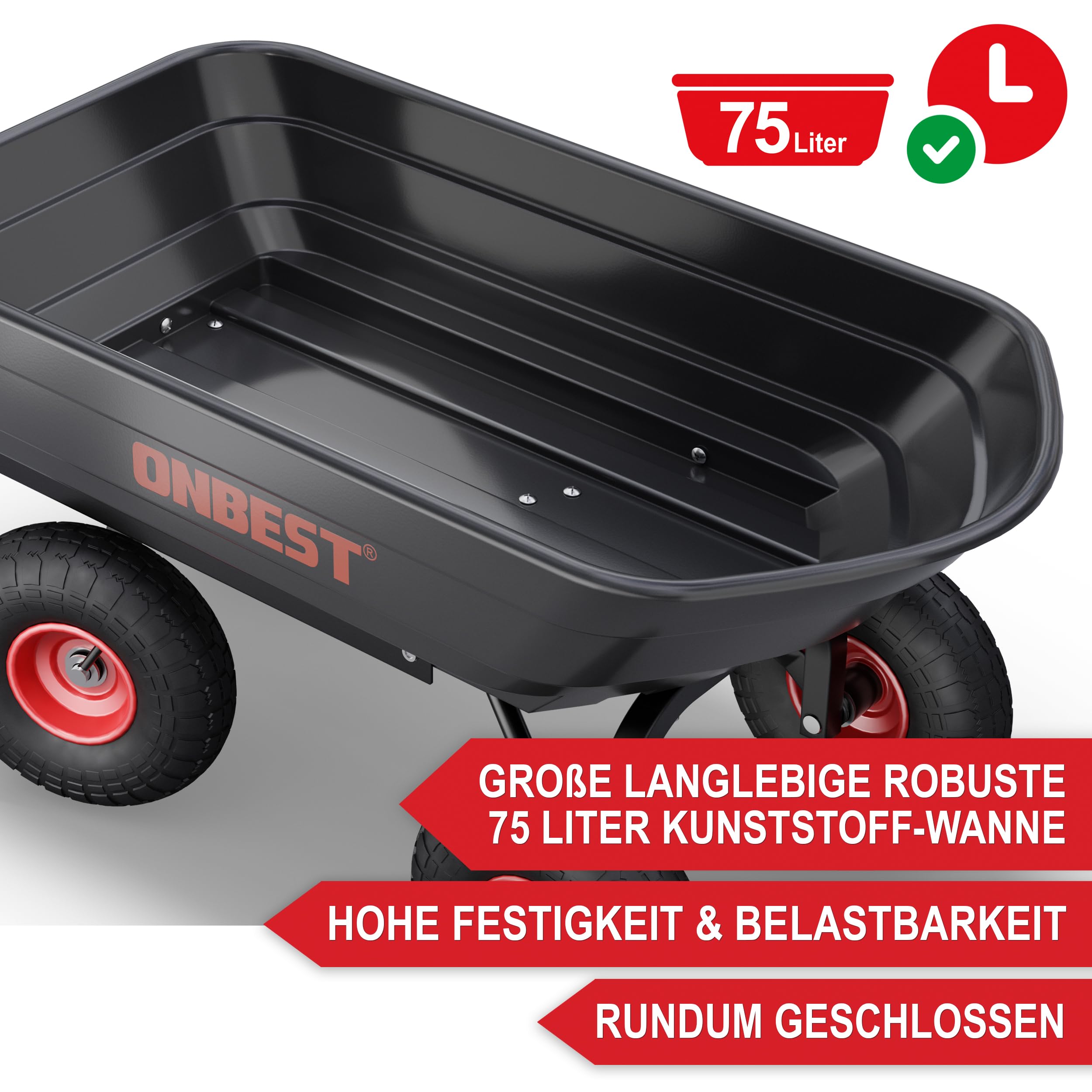 ONBEST Transportwagen mit Kippfunktion – 300 kg, 75 L Wanne | Schwarze Gartenkarre mit großer Kunststoffwanne – als Bollerwagen und Dumper inkl. großem Gartenabfallsack