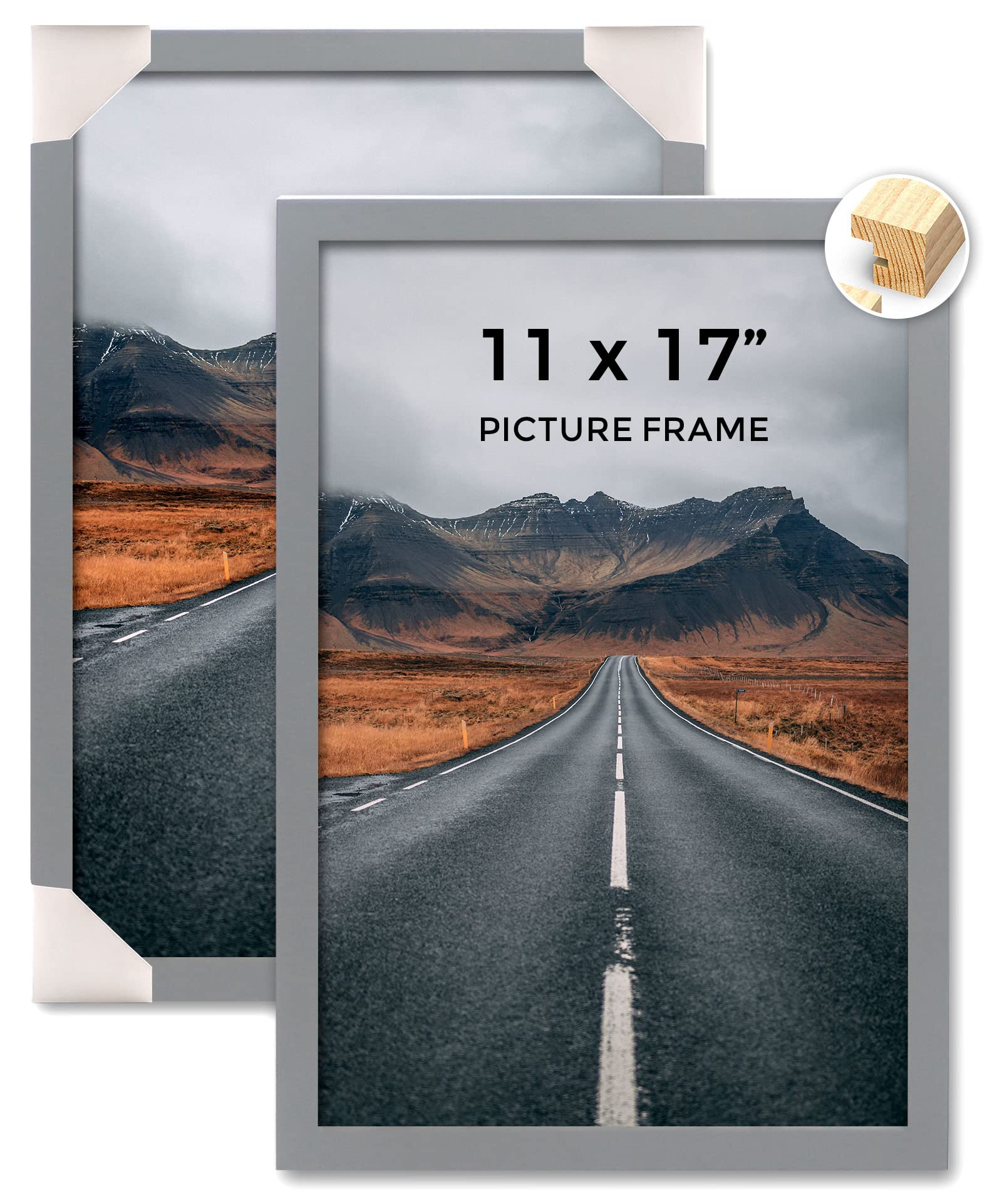 JD Concept Real-Wood 11x17 Picture Frame Set of 2, Painting Gray, Wall Gallery Poster Photo Frames for 11 x 17 inch, 2 Pack