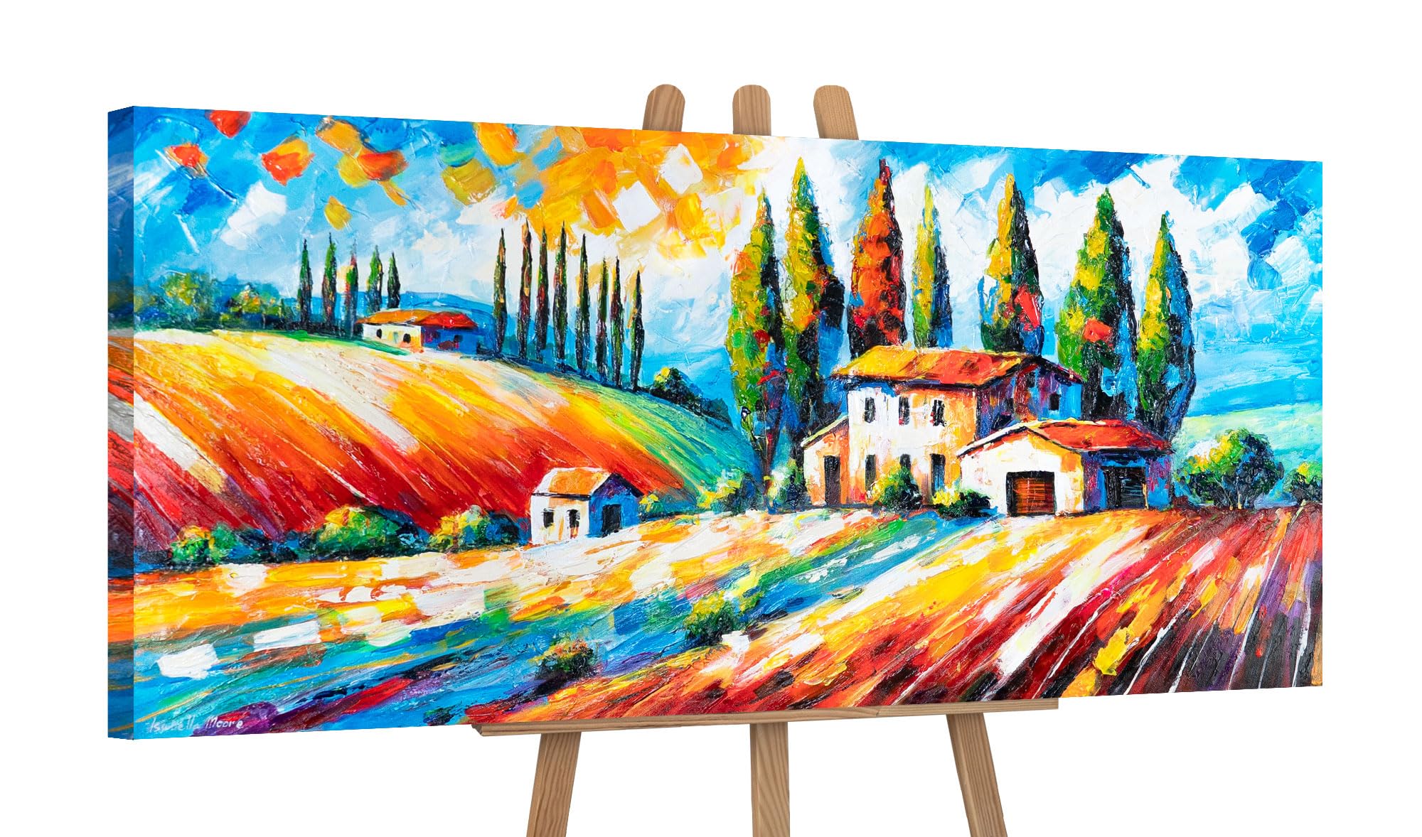 Ys Blooming Fields -Art Original Acrylic Painting | Vibrant Tuscany Fields Landscape | Colourful Countryside Canvas | Bright Living Room Wall Art 45X20 Inch