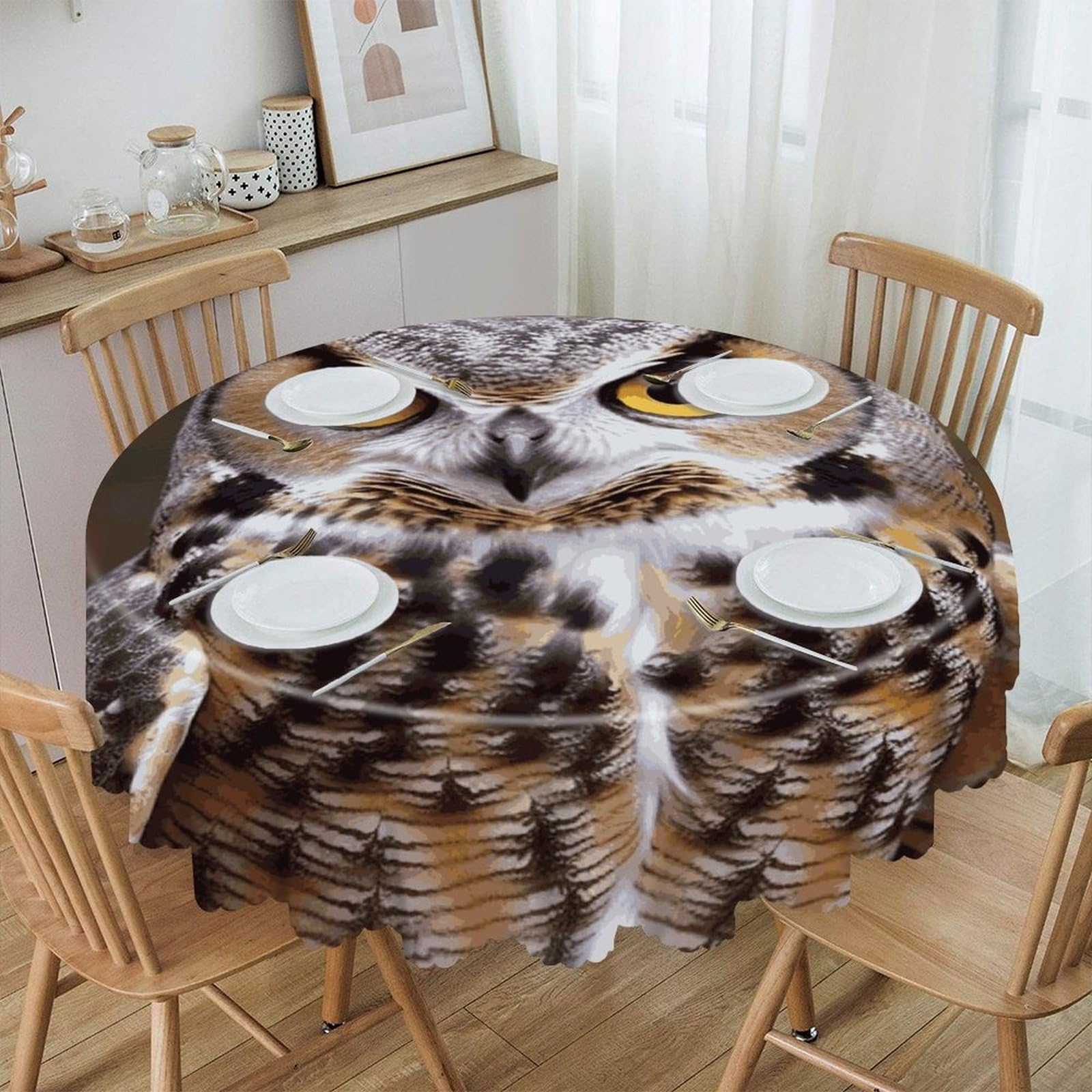 JTREHY Owl Birds Round Tablecloth 60 Inch Water Resistant Spill Proof Washable Polyester Table Cloth Wipeable Washable Table Cover for Buffet Tables Holiday Party Dinner