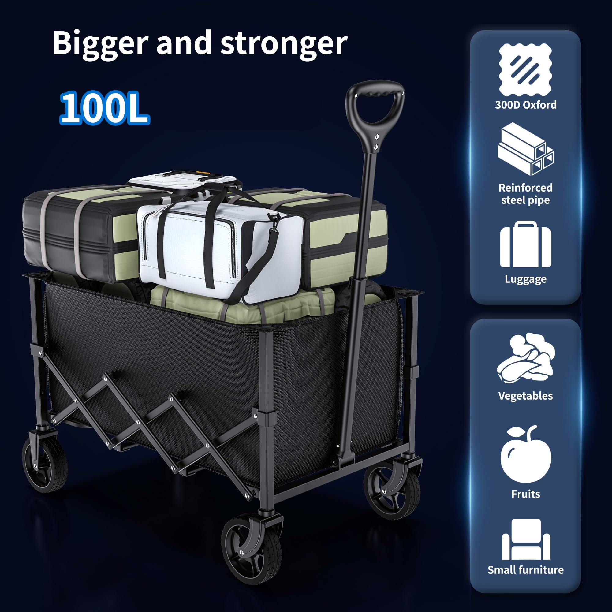 Faltbarer Wagen mit Rädern, zusammenklappbarer Wagen mit verstellbarem Griff, 100L und 220LB große Kapazität, für Einkaufen, Camping, Garten, Strand und Outdoor-Sport (schwarz)