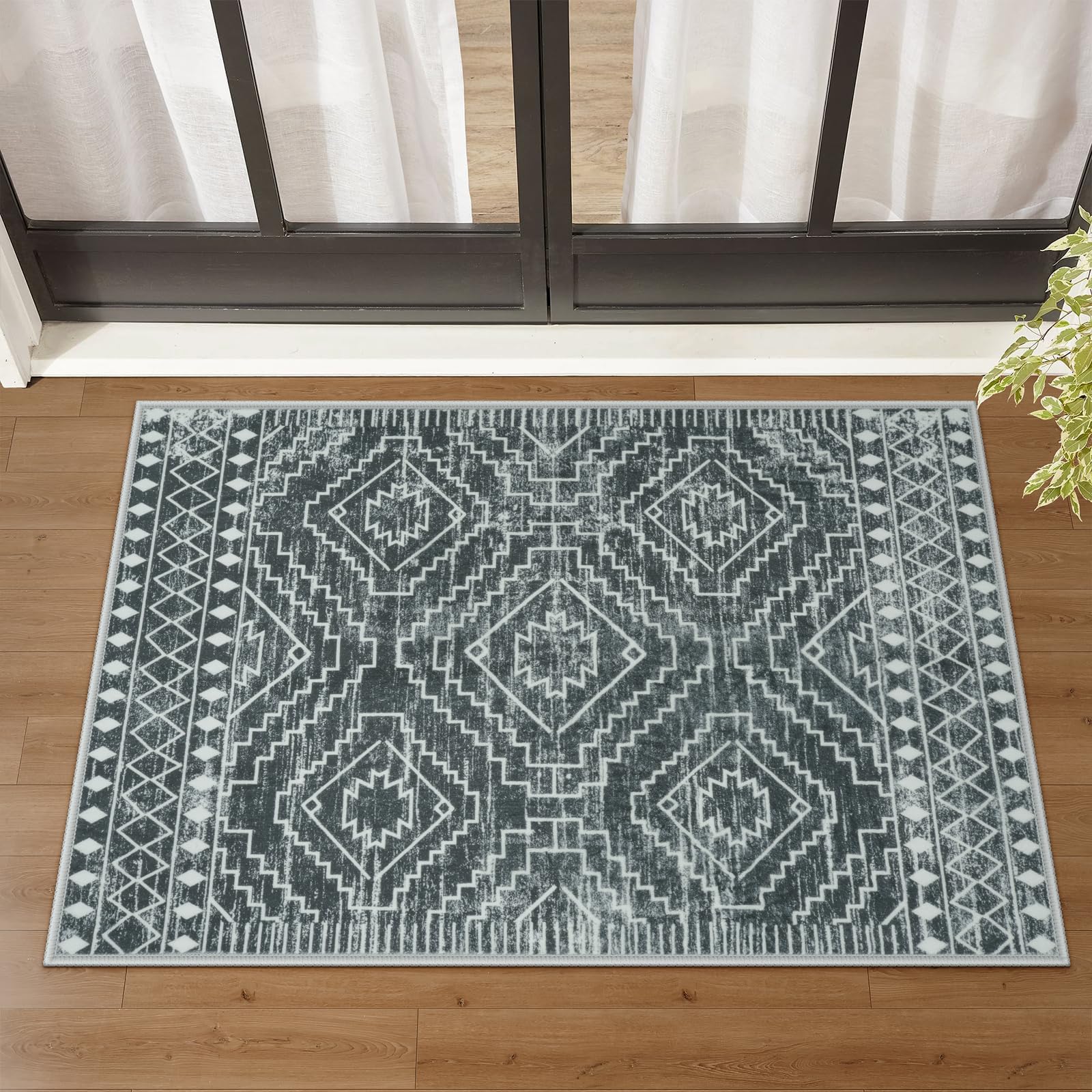 Wonnitar Moroccan Bathroom Rug,Washable 2x3 Small Bath Mat, Boho Tribal Soft Kitchen Sink Mat, Non-Slip Geometric Entry Way Rug, Low-Pile Indoor