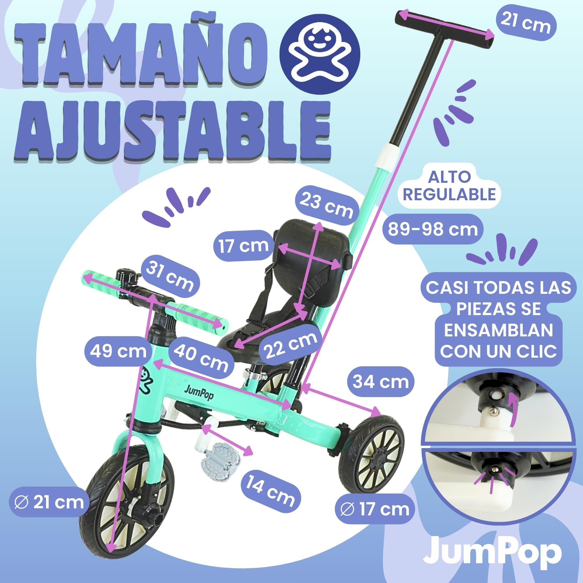 JumPop® Triciclo Evolutivo 5 en 1 + Timbre con Pegatinas y Vídeo Montaje QR incluído | Triciclo Bebe 1 Año a 4/5 Años(Dependiendo del tamaño) con Complementos Divertidos