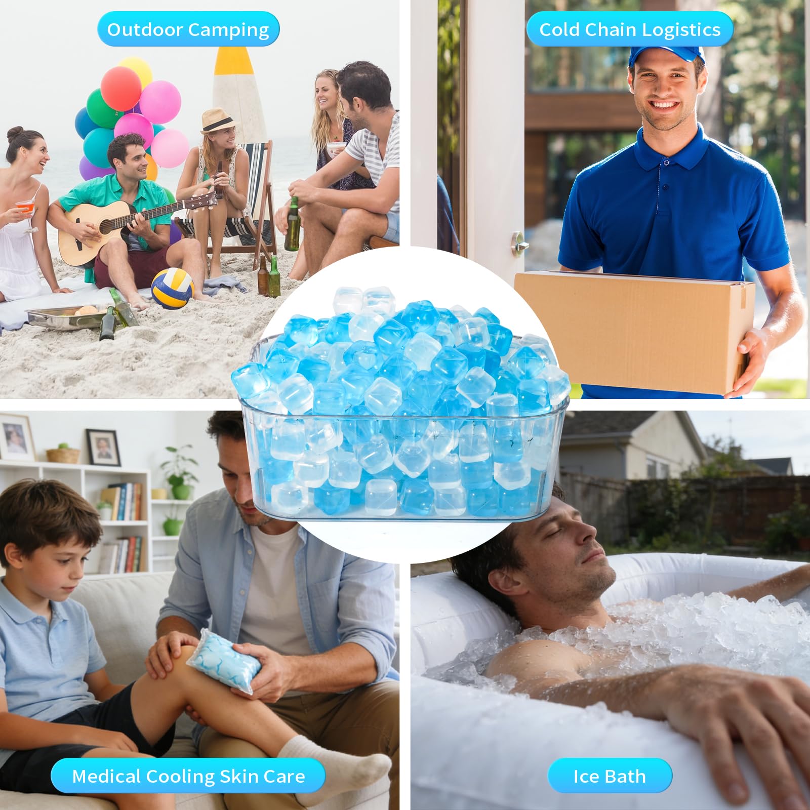 Lot de 380 glaçons réutilisables pour boissons, bleu et transparent
