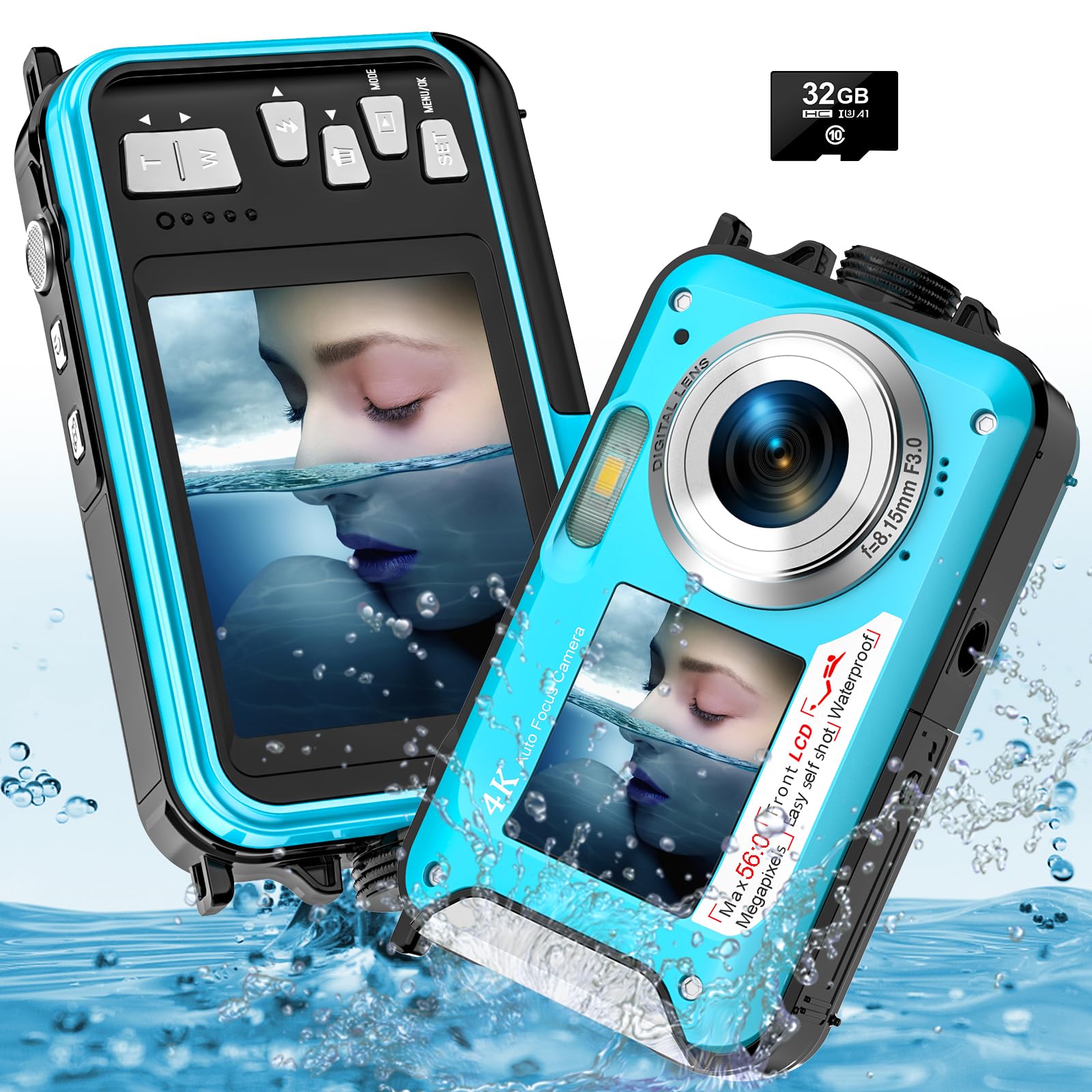 Underwater Camera, YISENCE UHD 4K 56MP Autofocus Digital Camera Waterproof with a 32GB Card Selfie Double Screens Waterproof Camera for Snorkelling