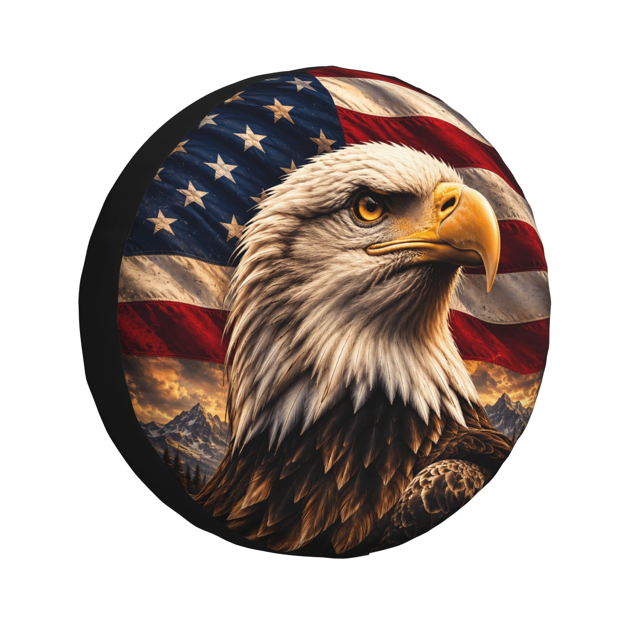 Bald Eagle Spare Tire Cover for SUVs RVs Trailers Campers Trucks, Universal Spare Wheel Cover, American Flag Patriotic Tire Cover for Outdoor Spare Tire Protection (15 inch for Diameter 27"-29")