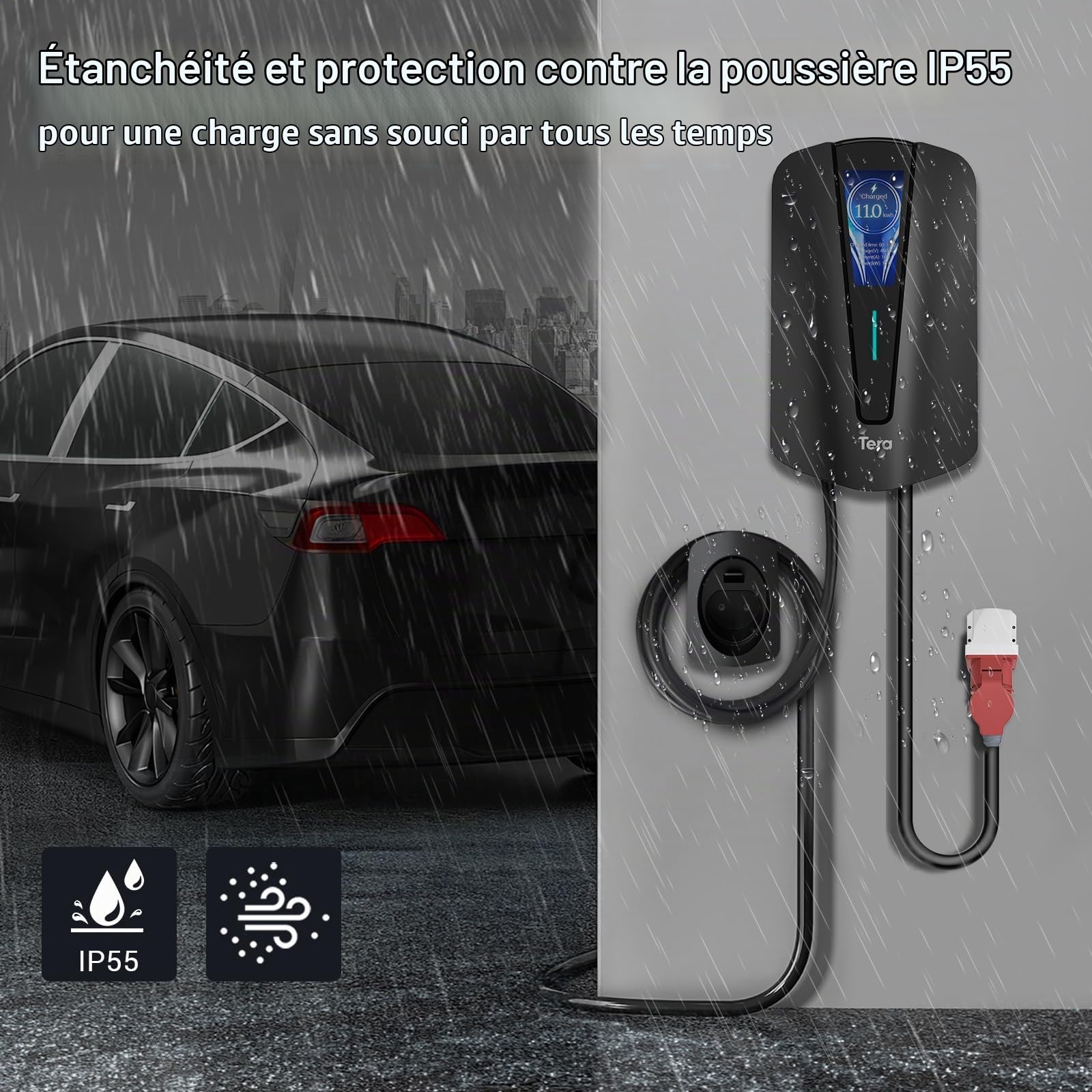 Tera Station de Recharge pour Véhicules électriques Home Niveau 2 Certifié CE, 6m câble de Charge en cuivre Pur, borne de Recharge VE jusqu'à 16A à 480V, modèle Q8
