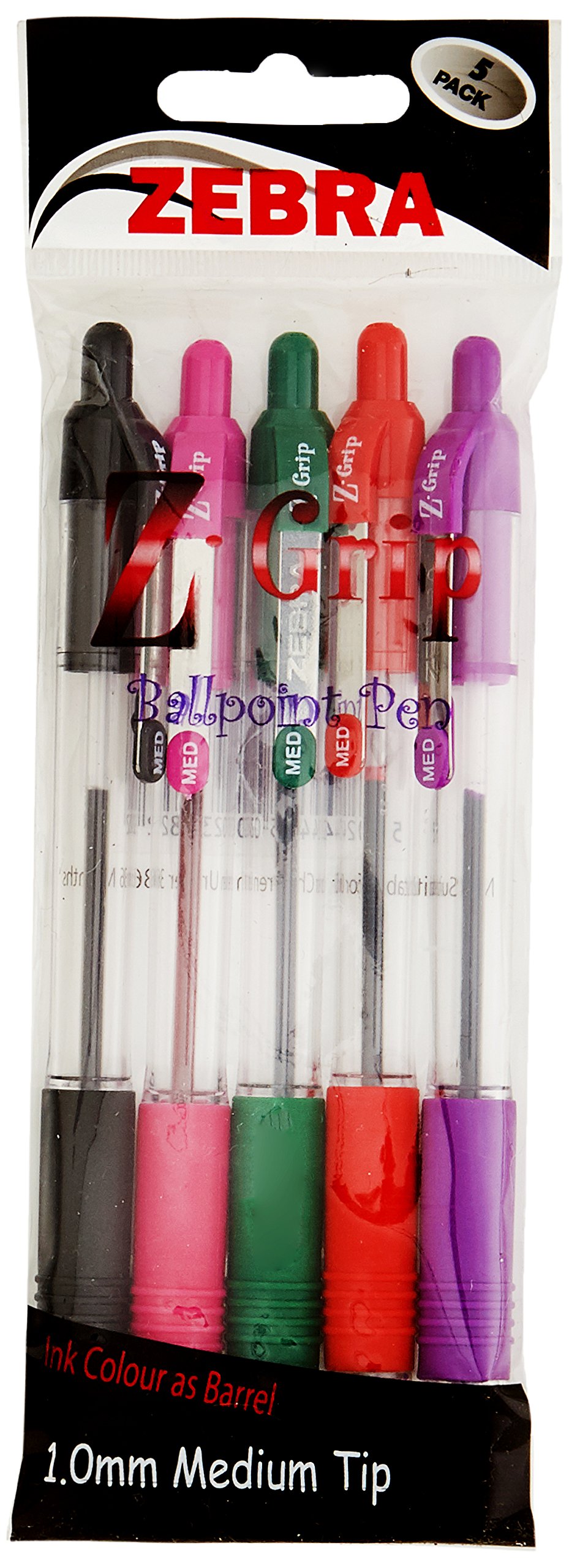 Zebra PenZ-Grip Retractable Ballpoint Pen, Medium Point, 1.0mm, Black, Red, Green, Pink and Violet Ink, 5-Pack